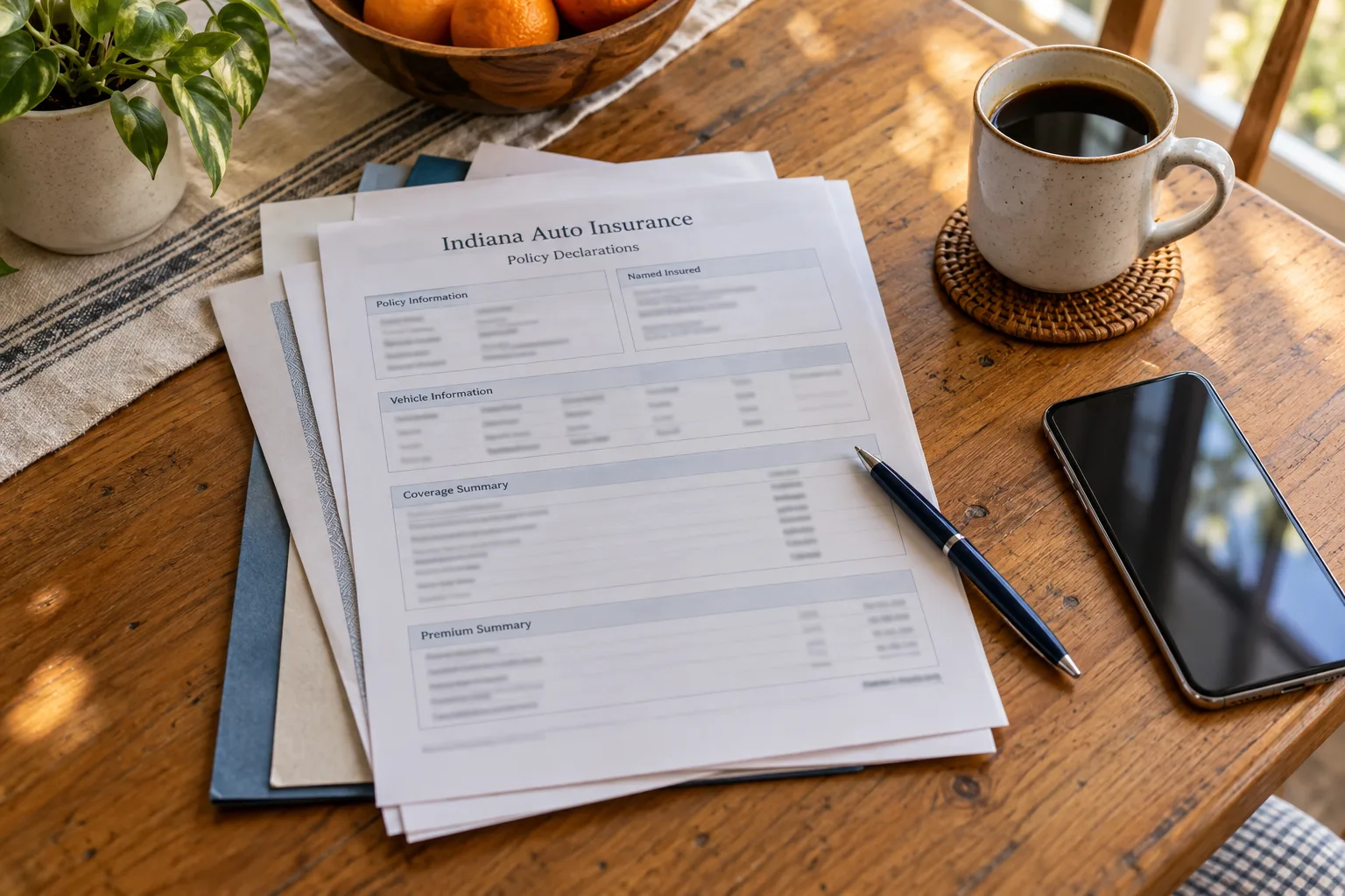 Auto insurance documents and a phone organized on a table