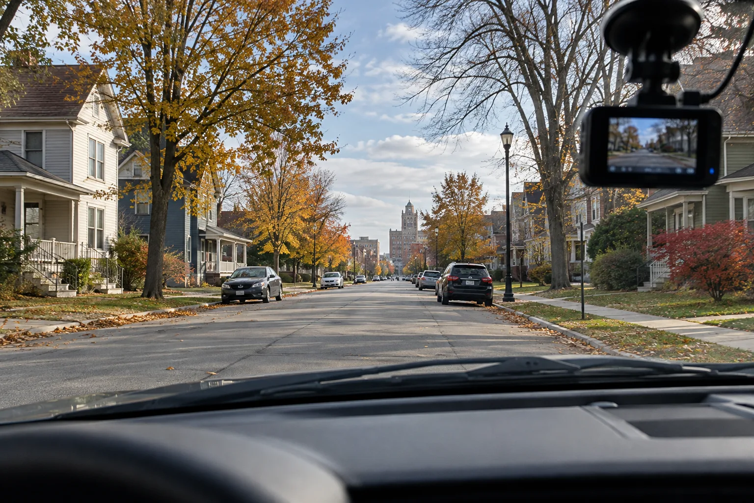 Dashboard camera positioned to record an Indiana roadway