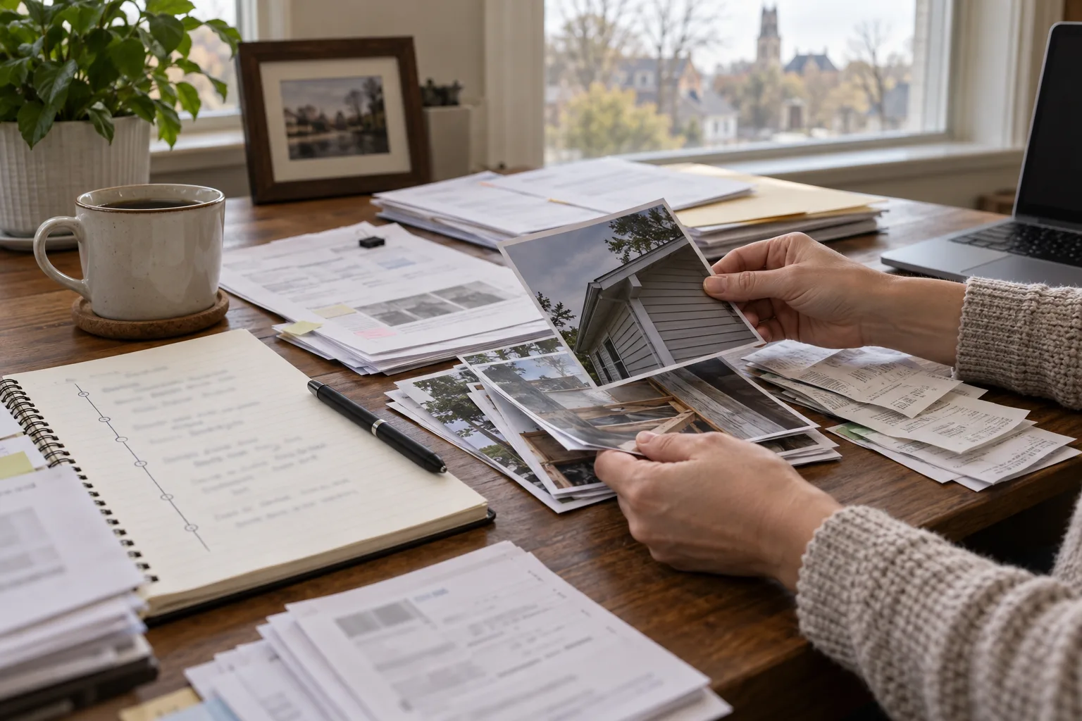 Person organizing crash evidence and insurance records at a desk