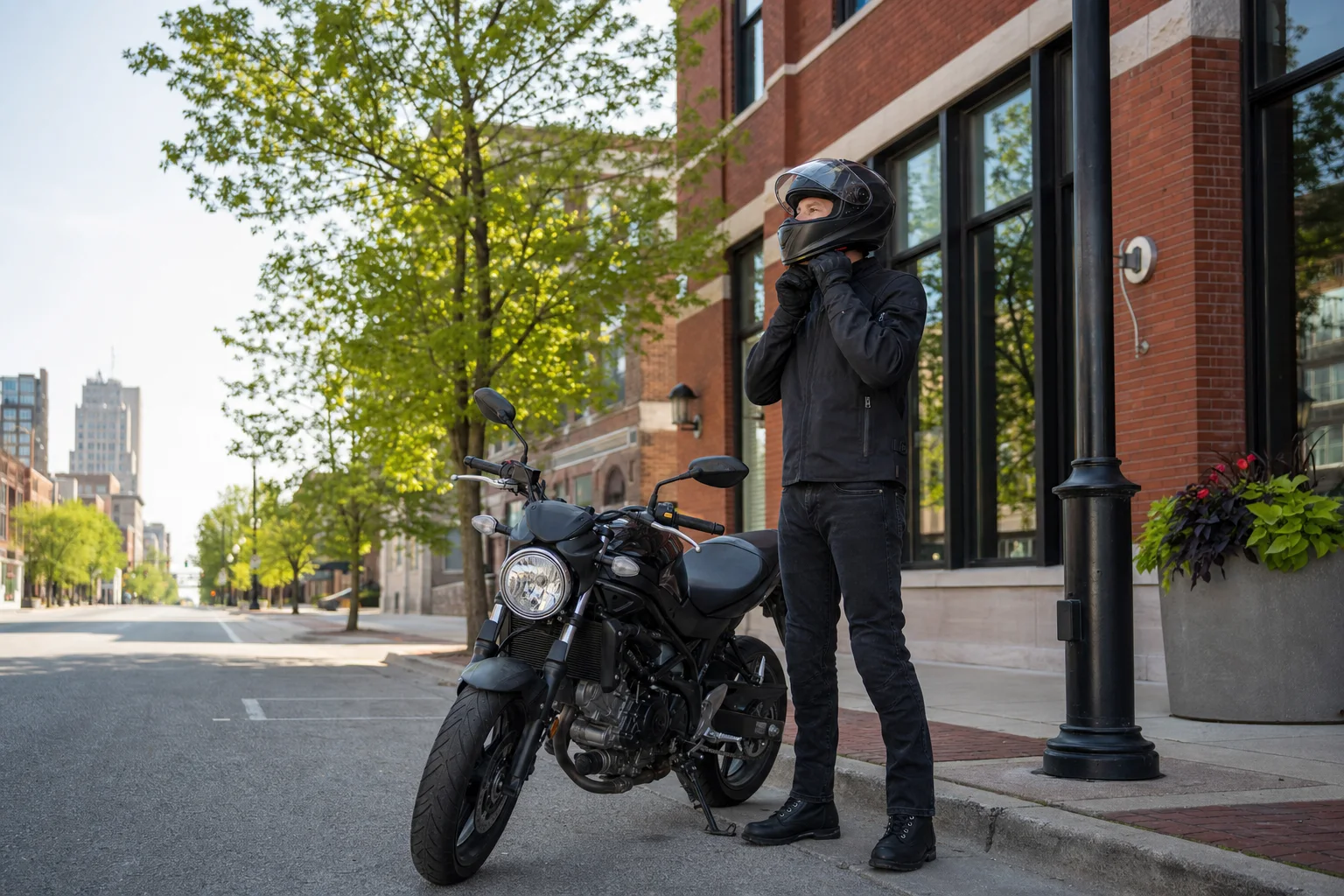 Motorcyclist fastening a full-face helmet while wearing protective gear in downtown Fort Wayne