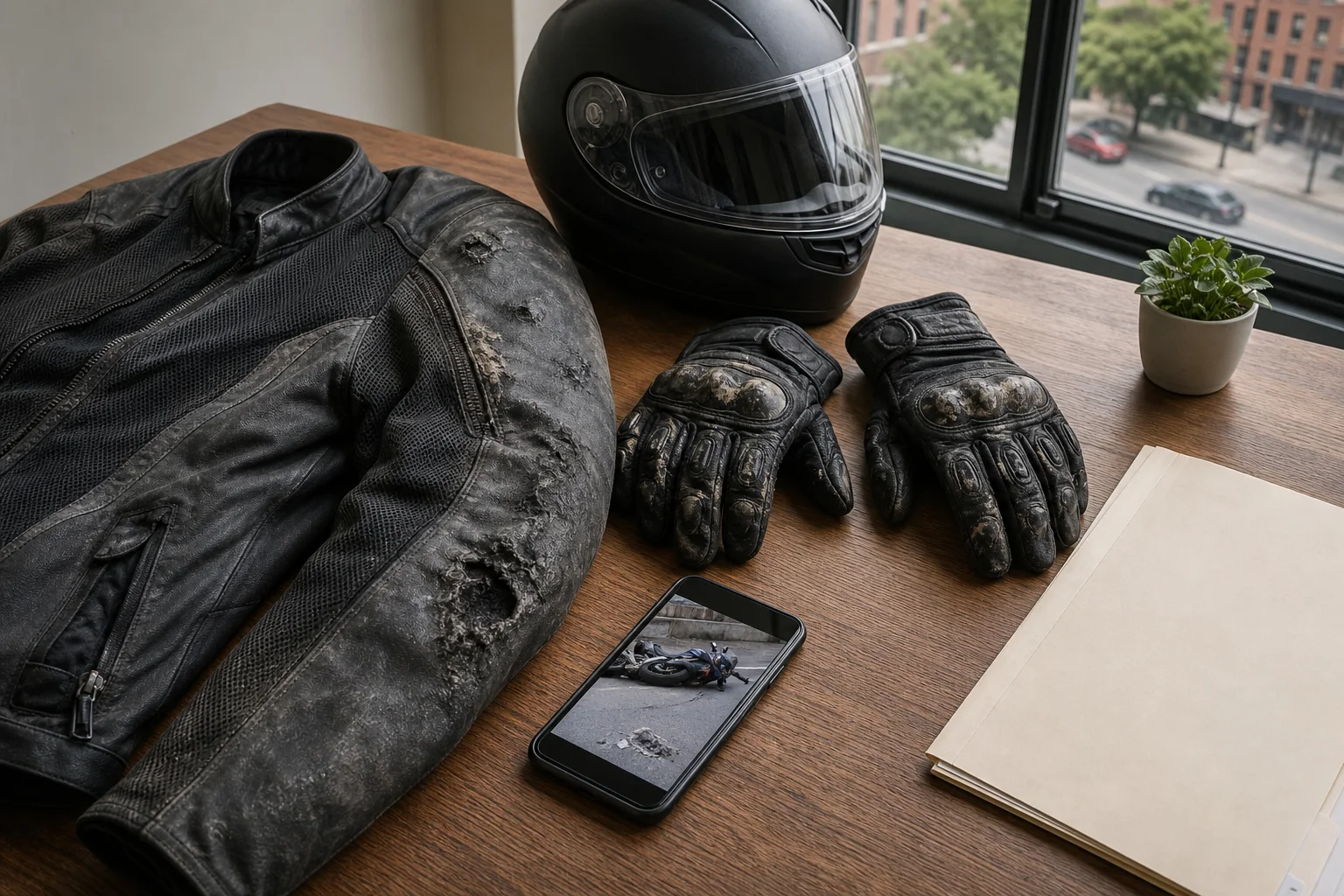 Scuffed motorcycle jacket gloves helmet and crash photograph preserved as Fort Wayne evidence