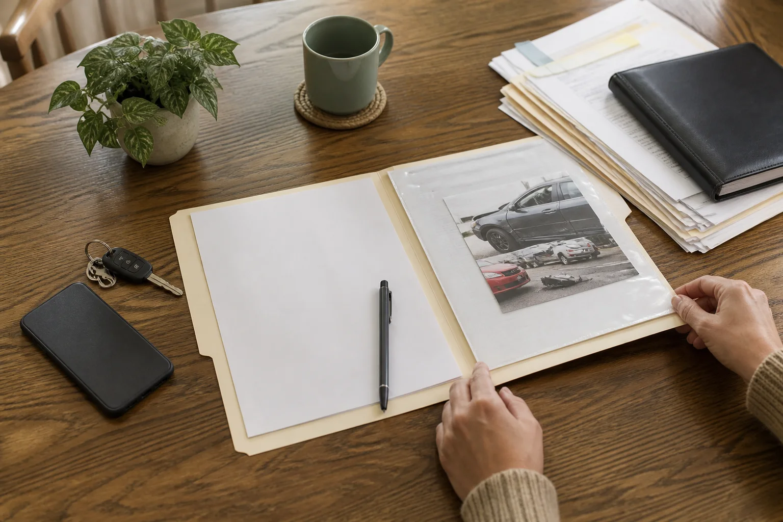 A family organizing crash photographs, keys, and blank report paperwork in a folder