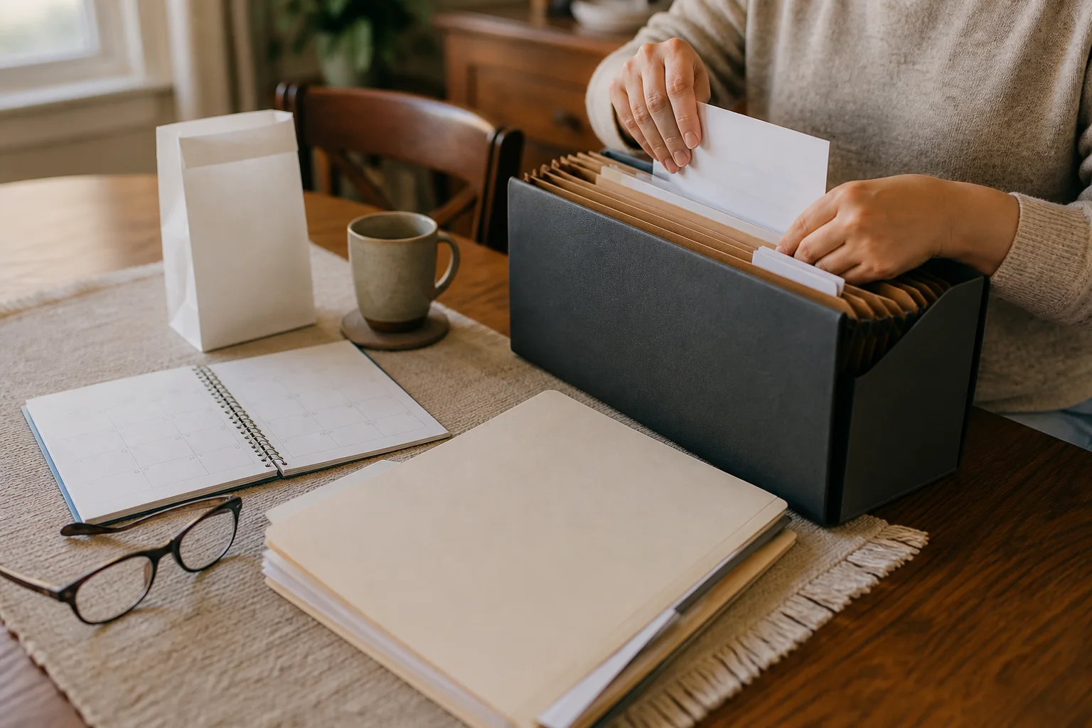 A family member sorting blank medical and appointment records into an accordion folder
