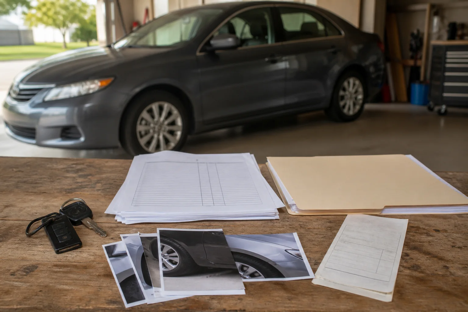 Vehicle photographs, keys, and blank towing and repair records organized in a garage
