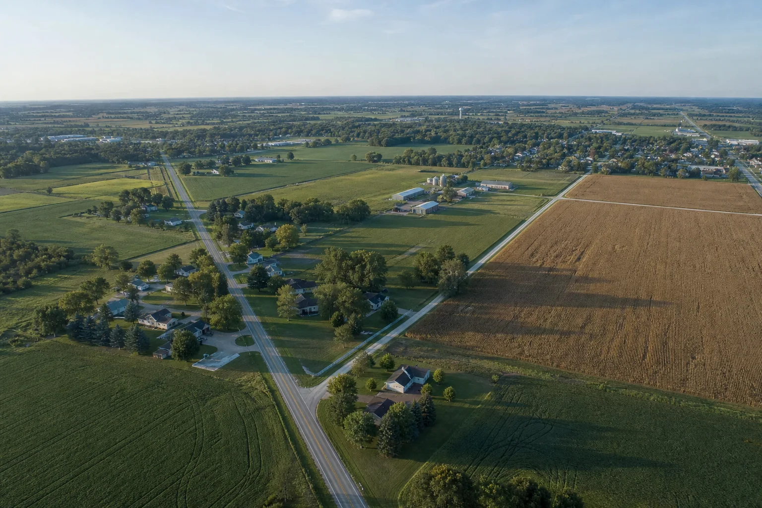 Aerial view of rural roads, farms, and a small community in northeastern Indiana