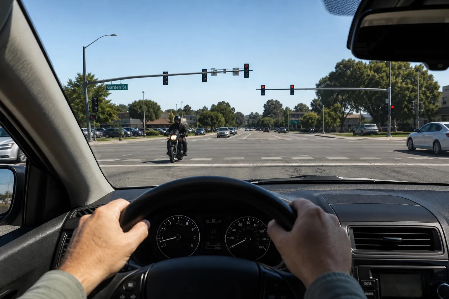 Driver's view through a windshield of a motorcycle approaching an intersection