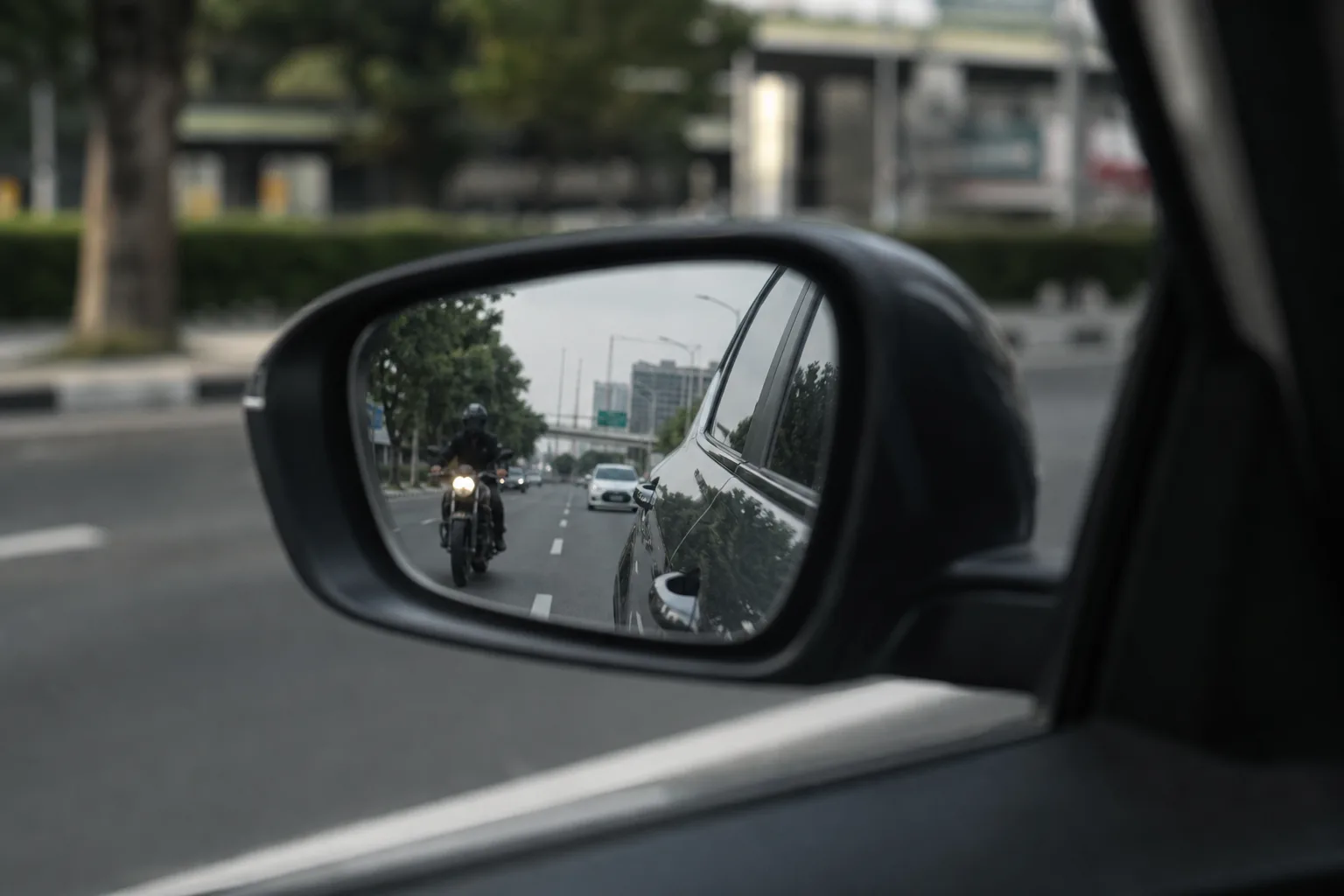 A motorcycle reflected in a car's side mirror, showing a driver checking blind spots