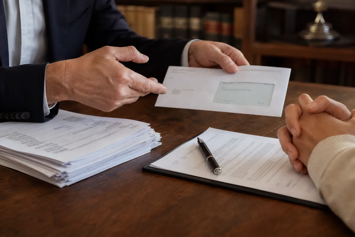Indiana car accident settlement release and medical bills on a law office table