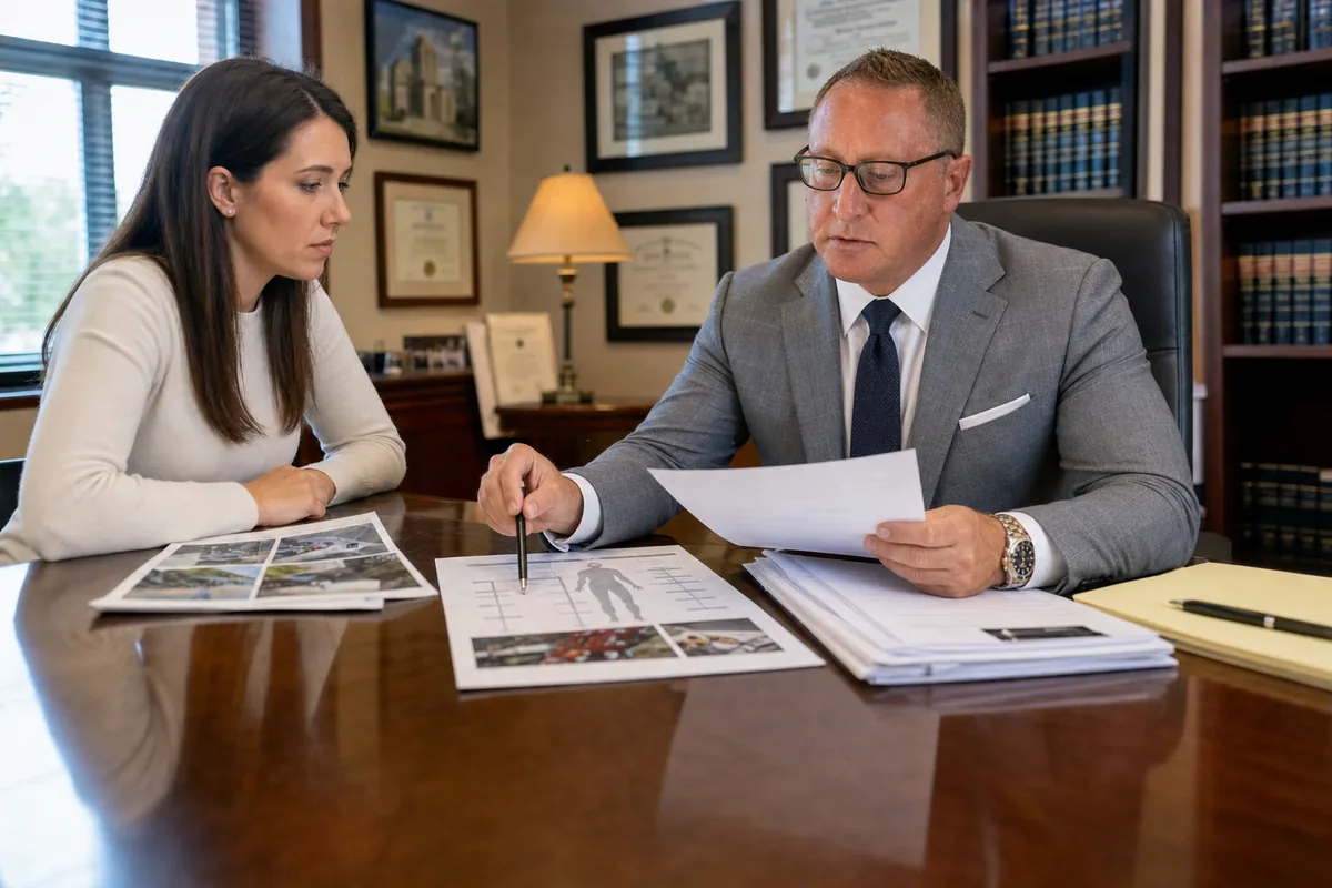 Attorney and client reviewing car accident settlement materials in a Fort Wayne law office
