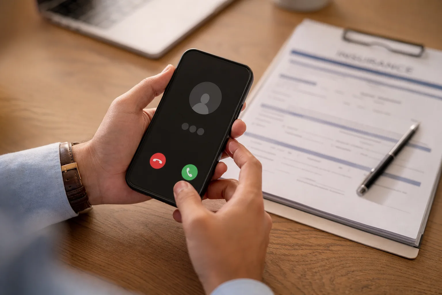 Hands holding a phone next to insurance documents, representing reporting a claim to an insurer