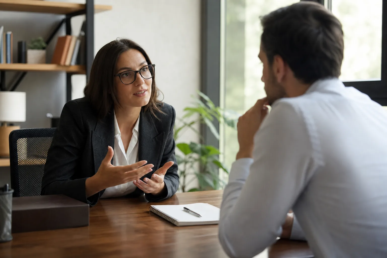 An adviser explaining options to a client across an office desk during a consultation