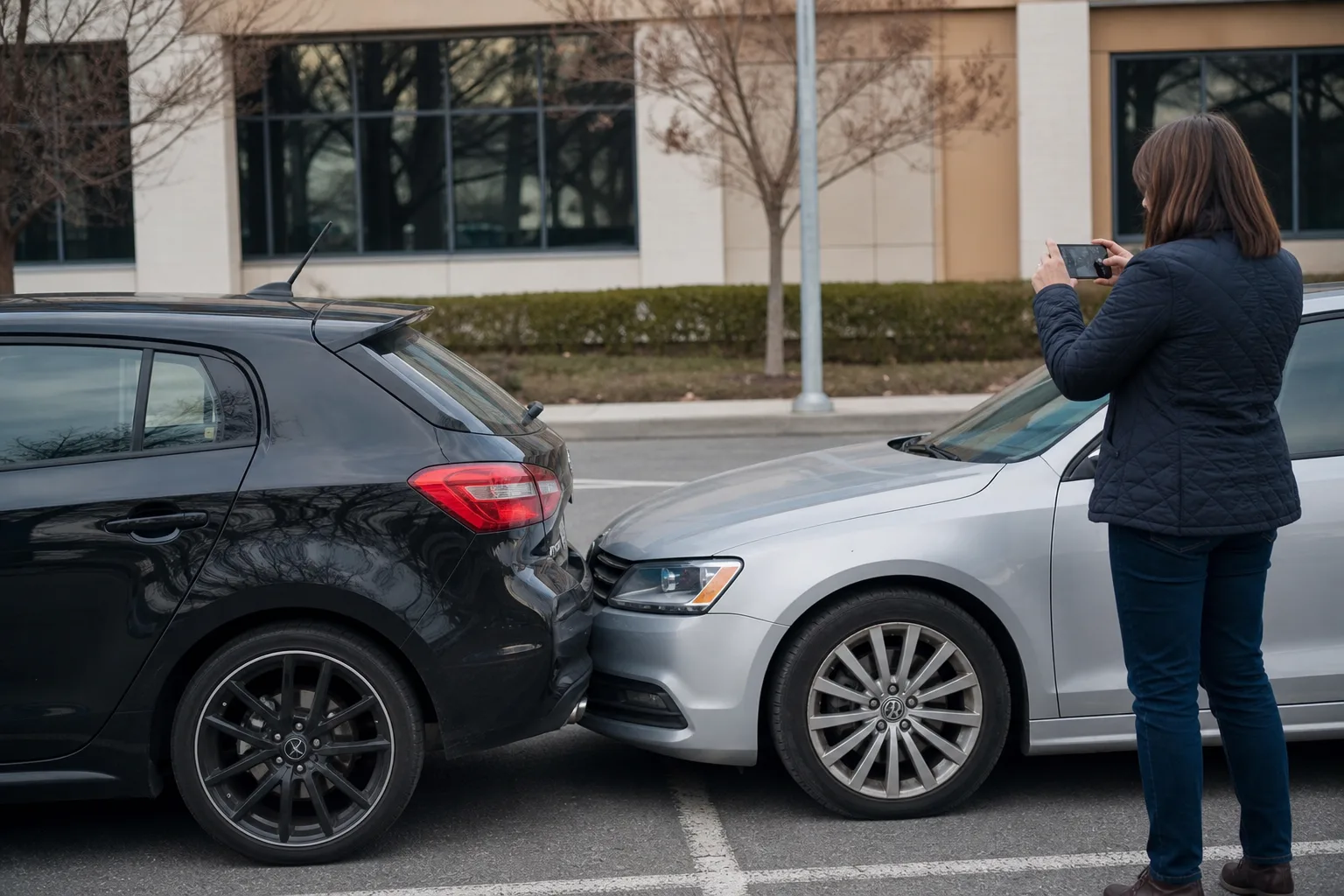 A person photographing minor bumper damage between two cars in a parking lot