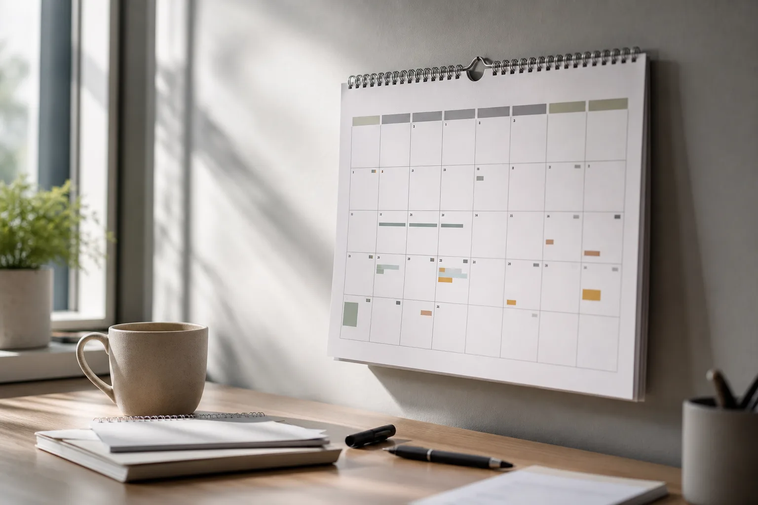 A wall calendar and pen on a desk symbolizing legal claim deadlines