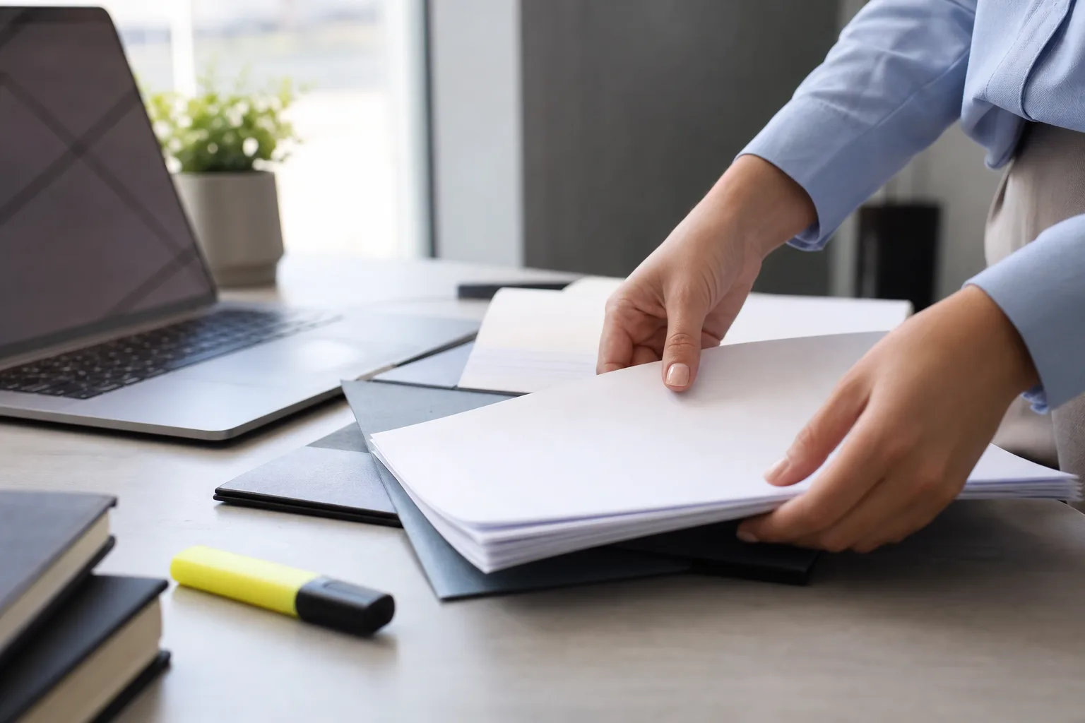 Organized folder of documents and a laptop representing preparing evidence and paperwork for a claim