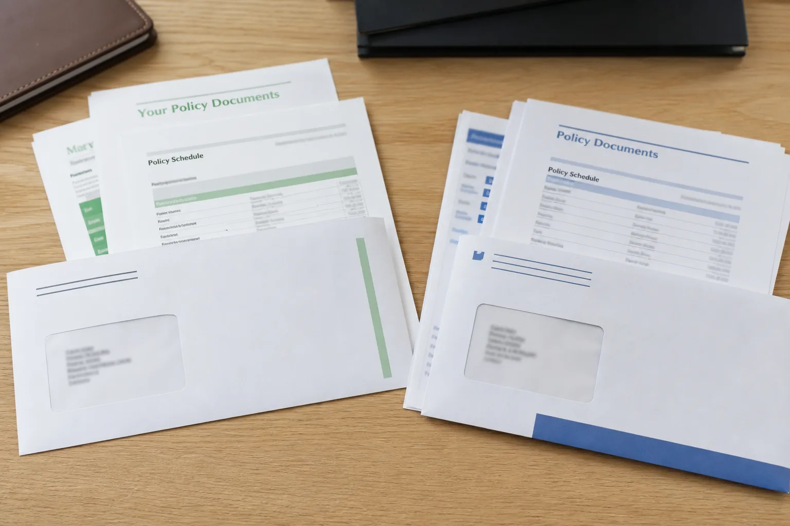 Insurance policy documents on a desk representing two different insurance companies after a crash