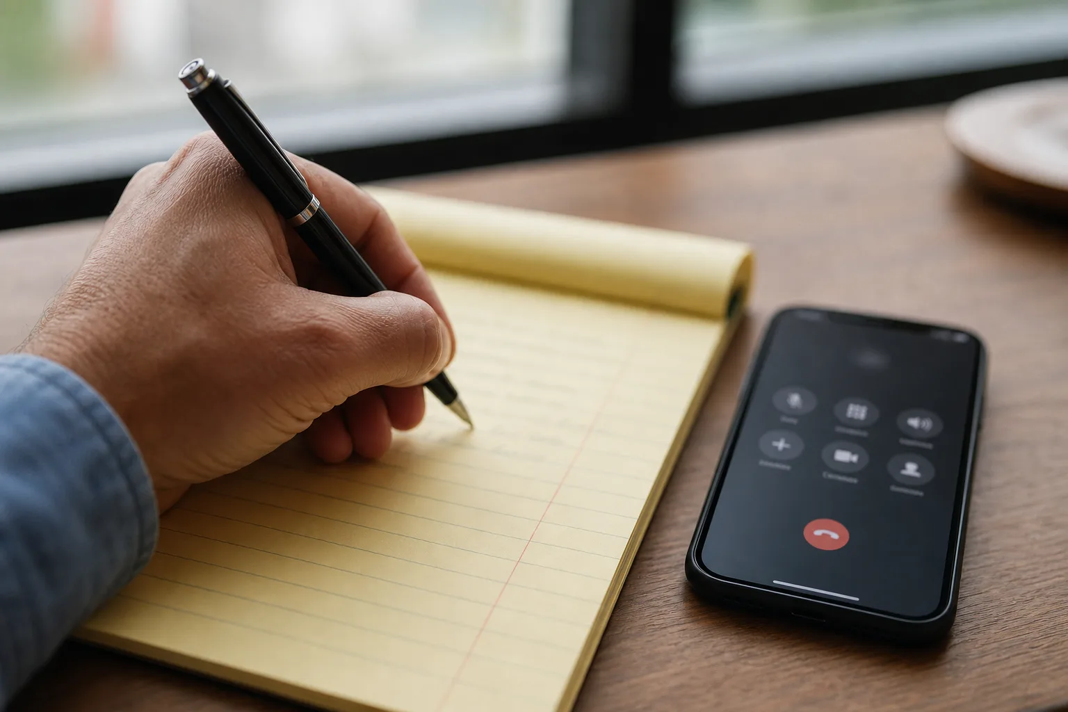 Injured person writing down notes during a call with an insurance adjuster