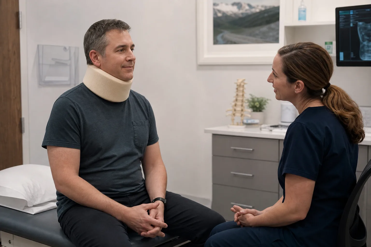 Person with delayed neck pain being evaluated by a clinician after a car accident