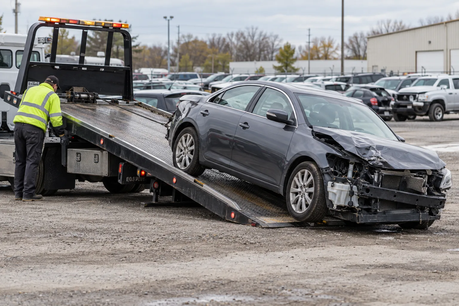 Damaged car being loaded onto a flatbed for secure storage