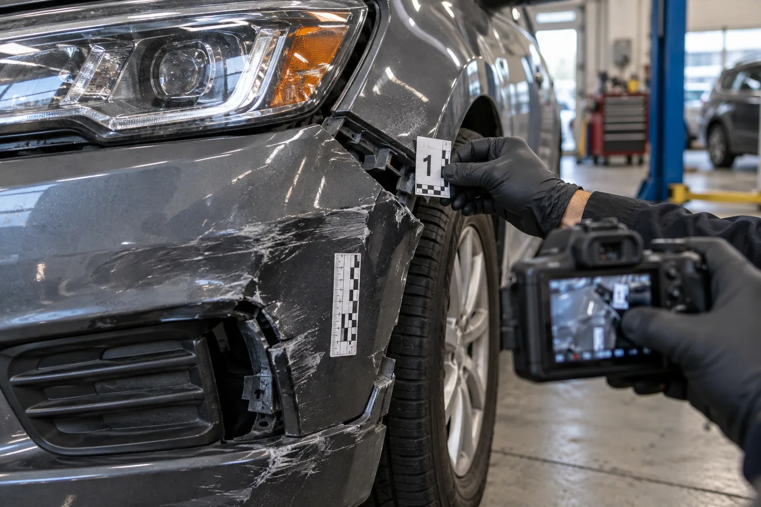 Vehicle damage being photographed and measured before salvage