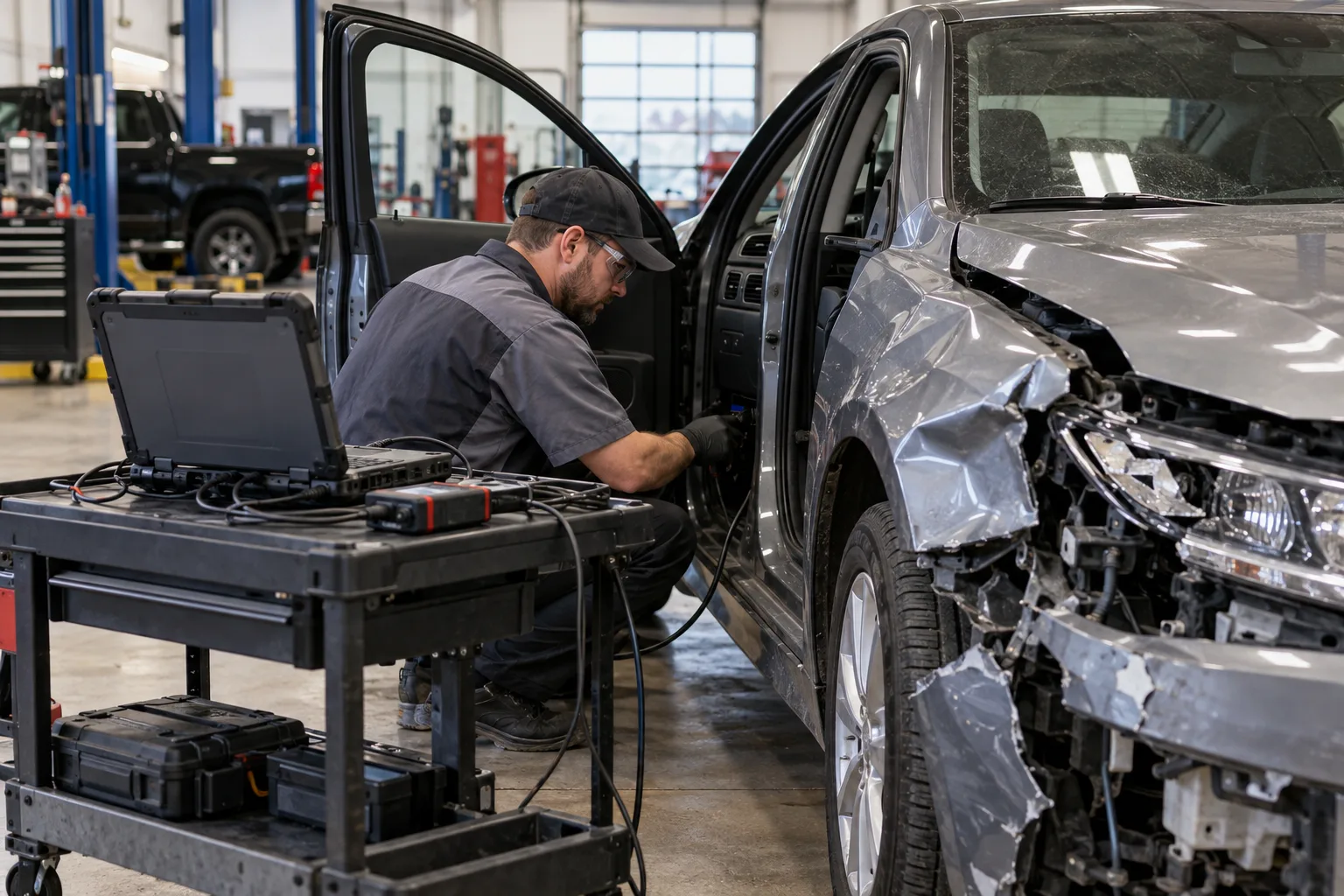 Technician connecting equipment to retrieve electronic crash data