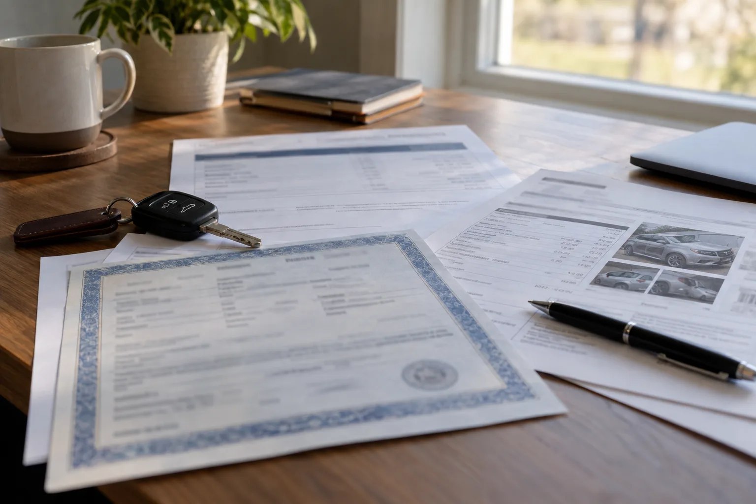 Vehicle title and total-loss documents arranged for review