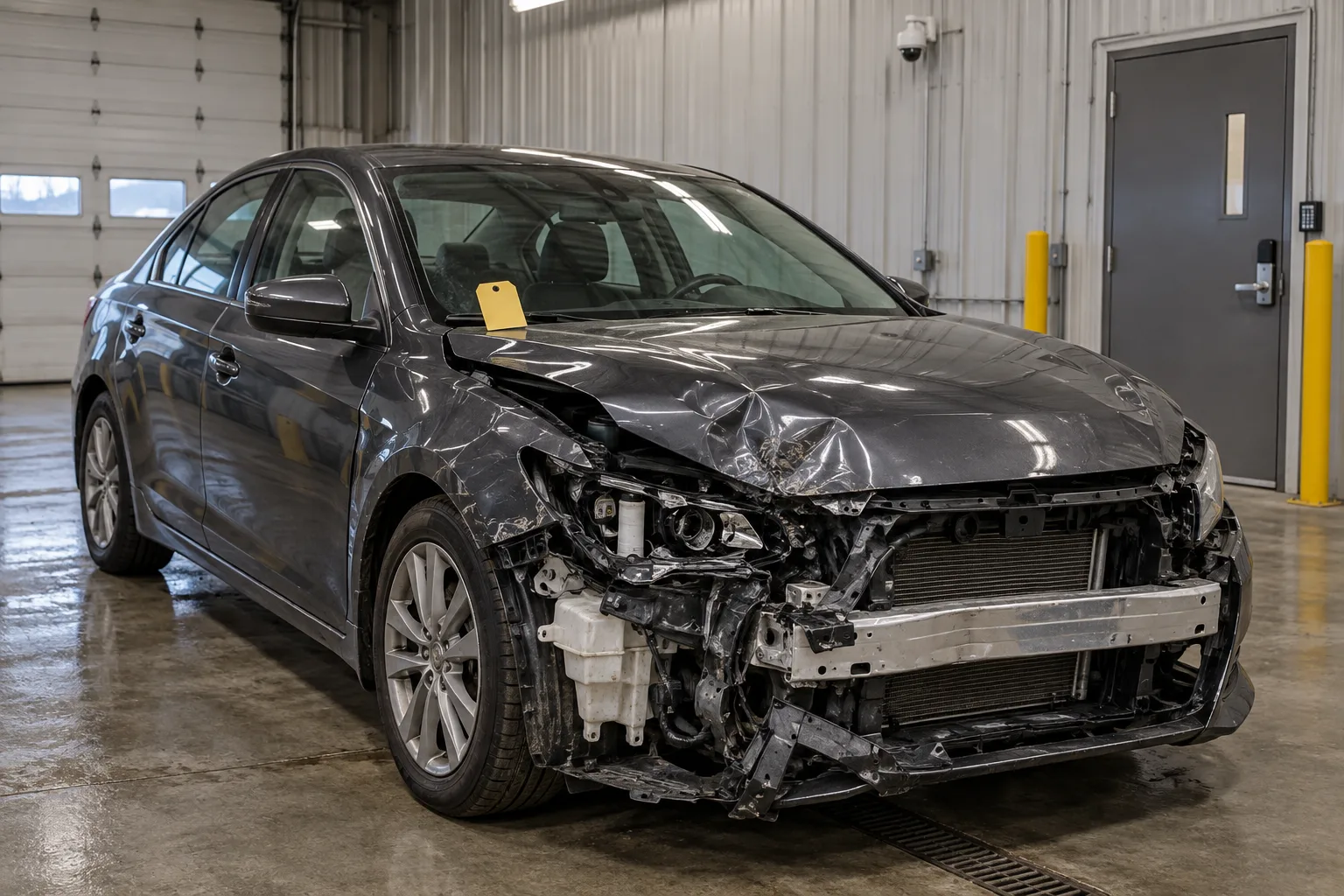 Crashed vehicle preserved in secure indoor storage for inspection