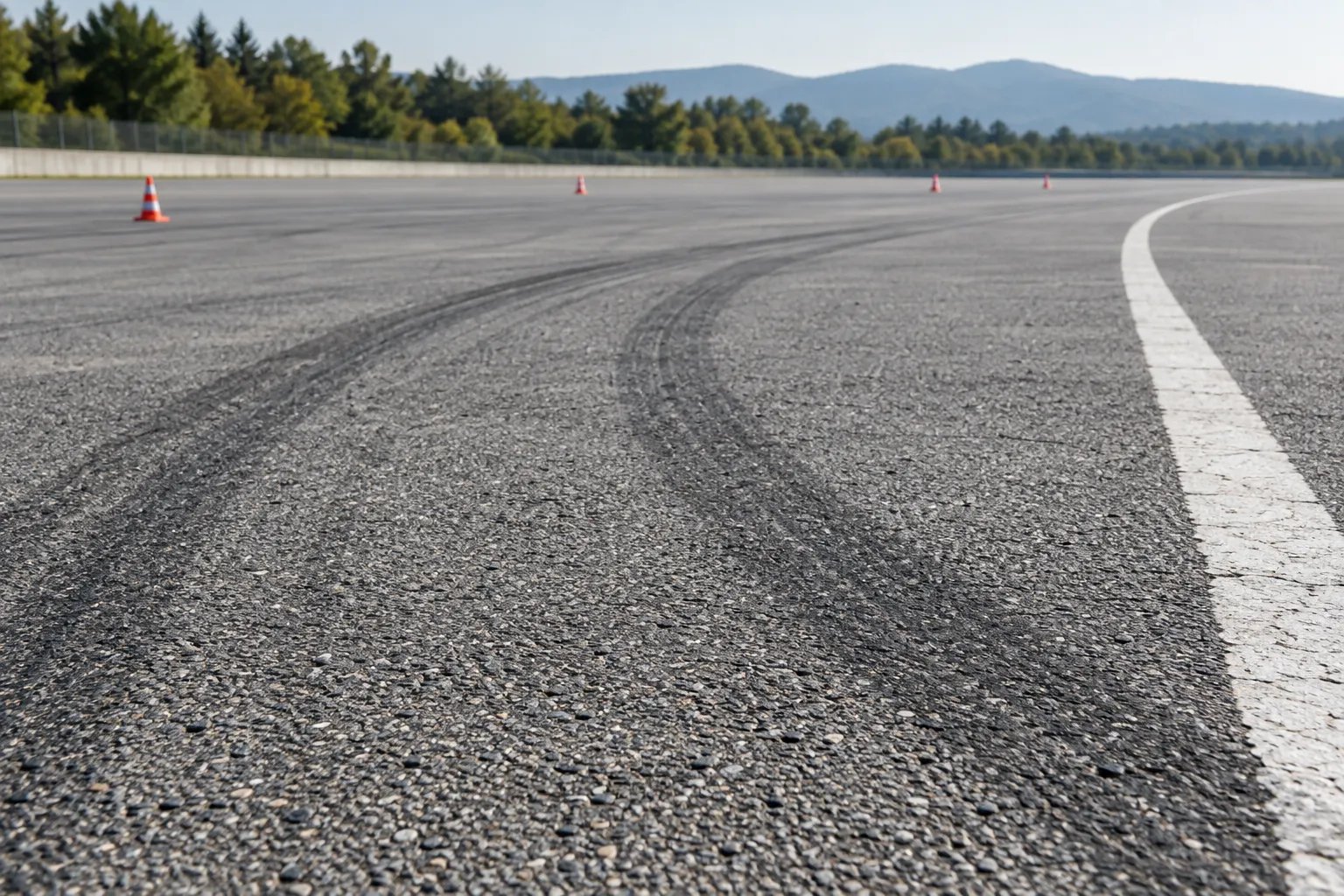 Illustration of curved tire traces beside a painted line on a closed test surface