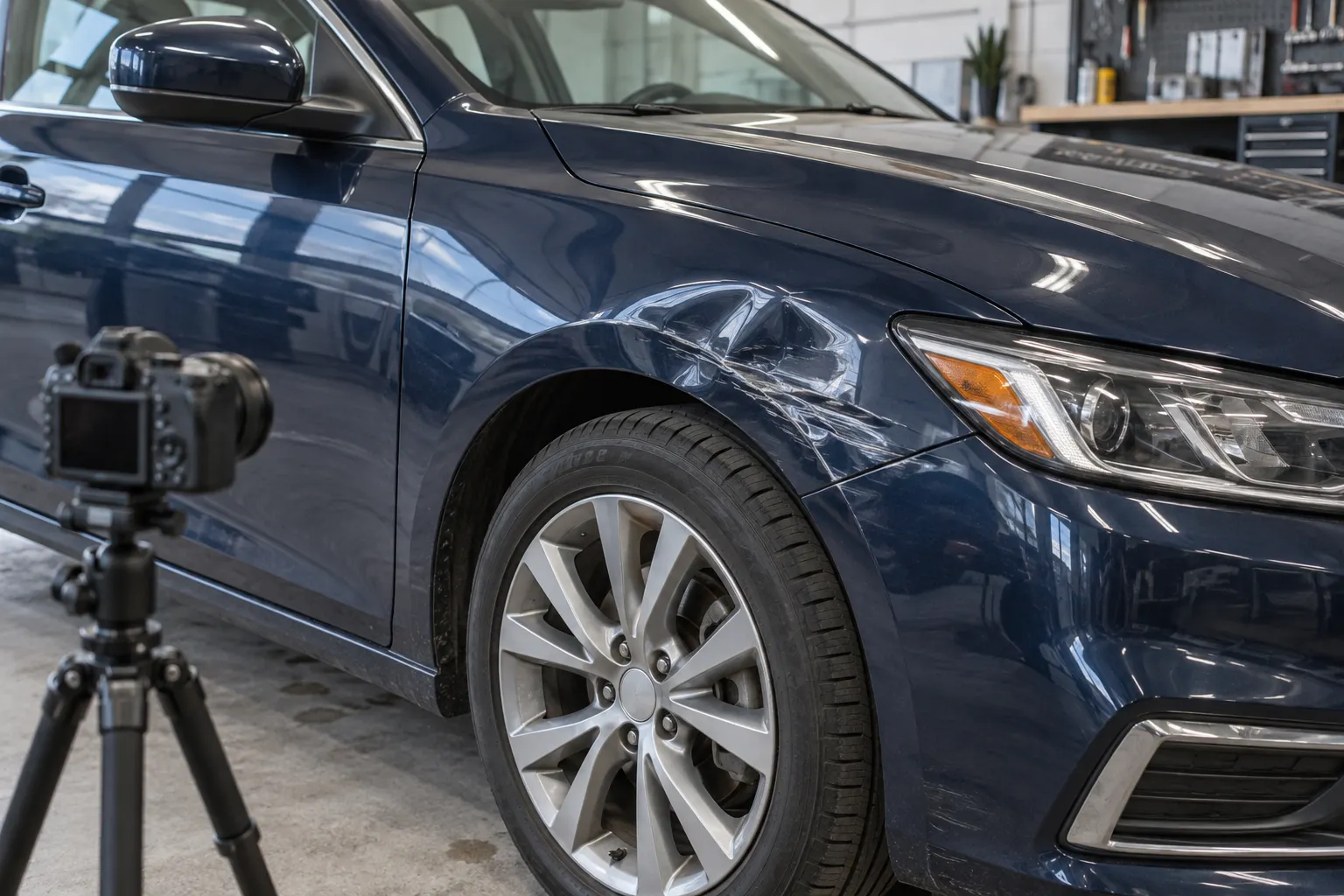 Illustration of a parked car’s dented fender in an inspection workshop