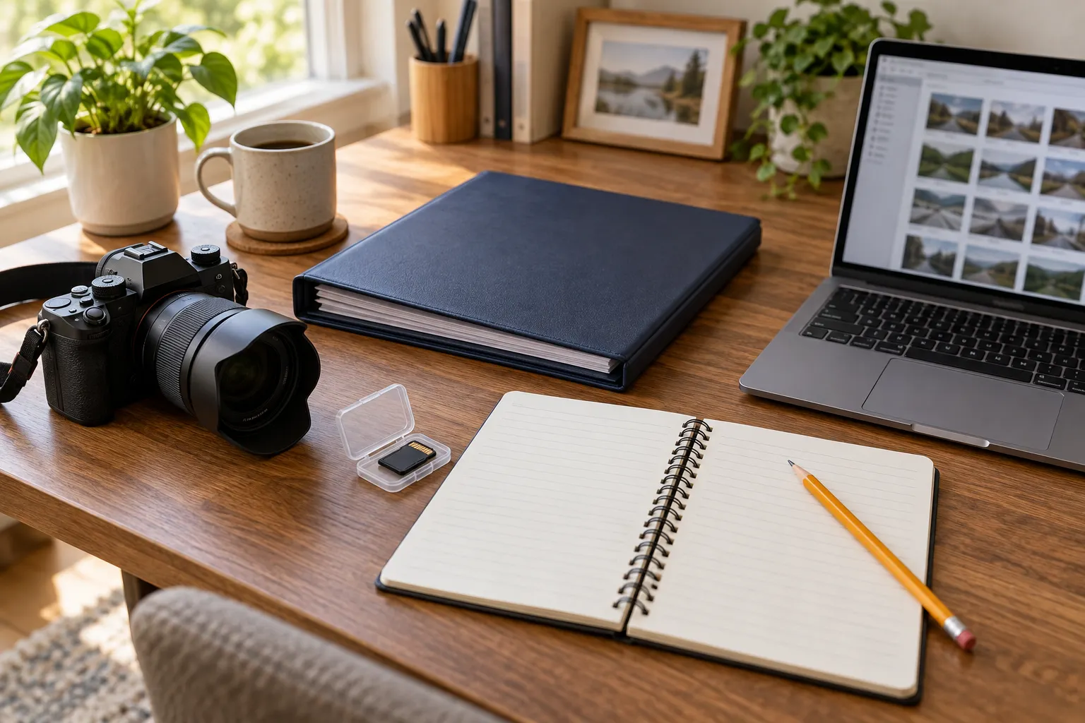 Illustration of a camera, notebook, and organized image records on a desk