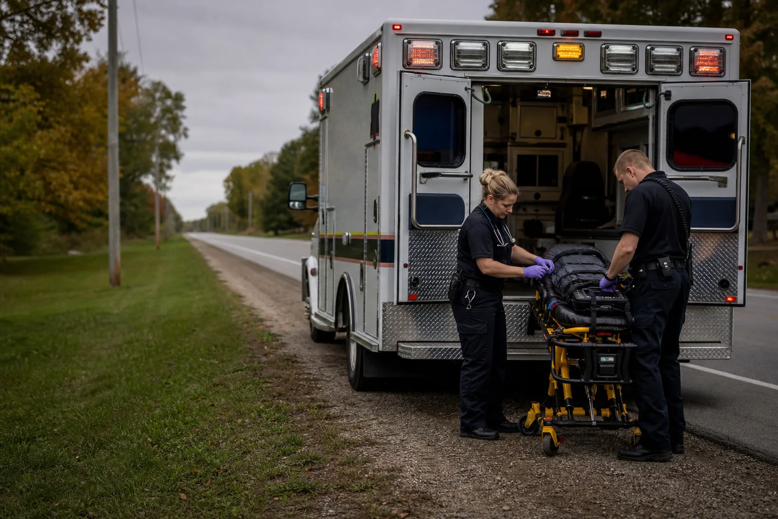 Emergency responders organize equipment beside an ambulance in northeast Indiana
