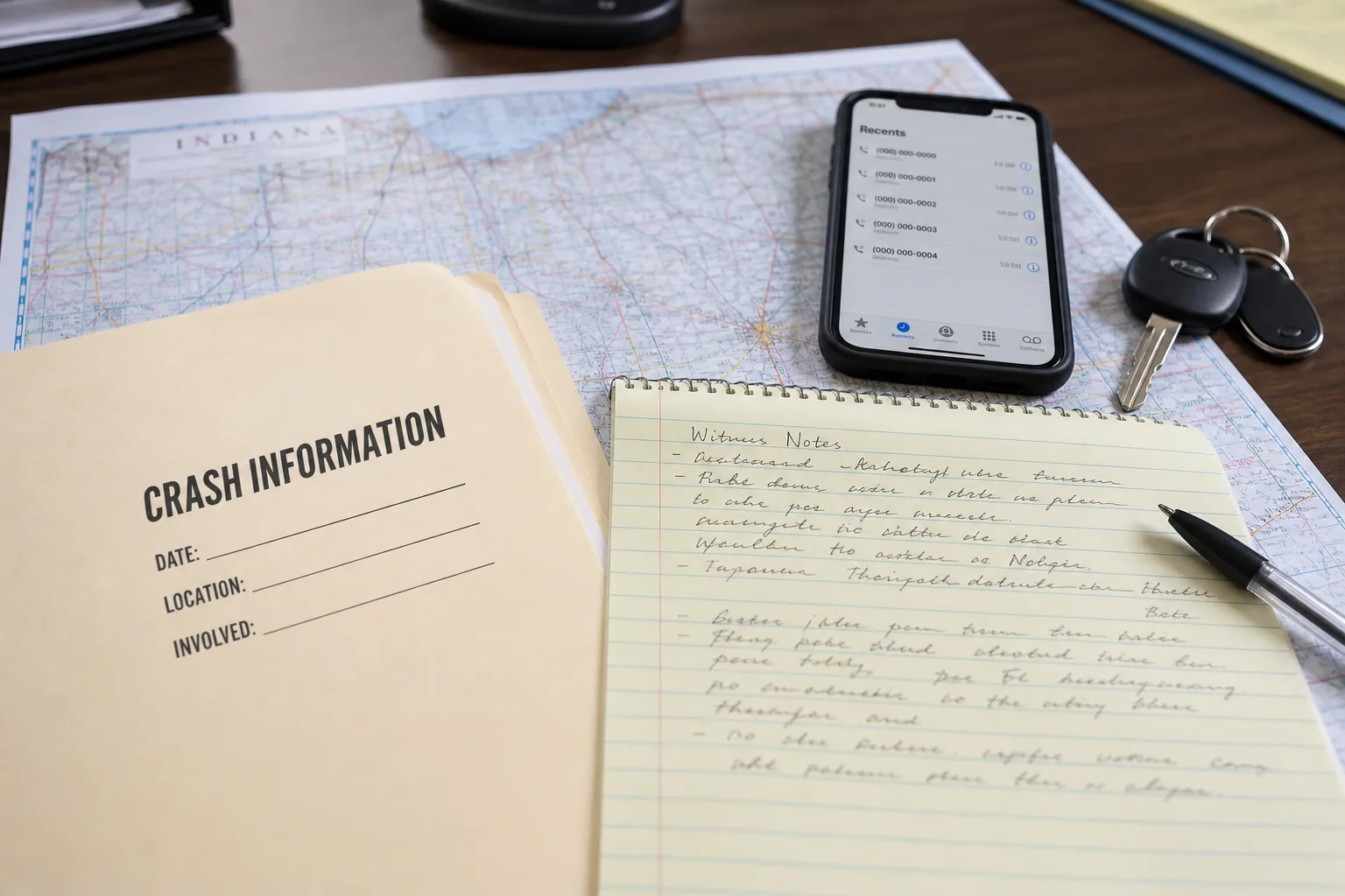 Crash records, witness notes and vehicle keys organized on a desk