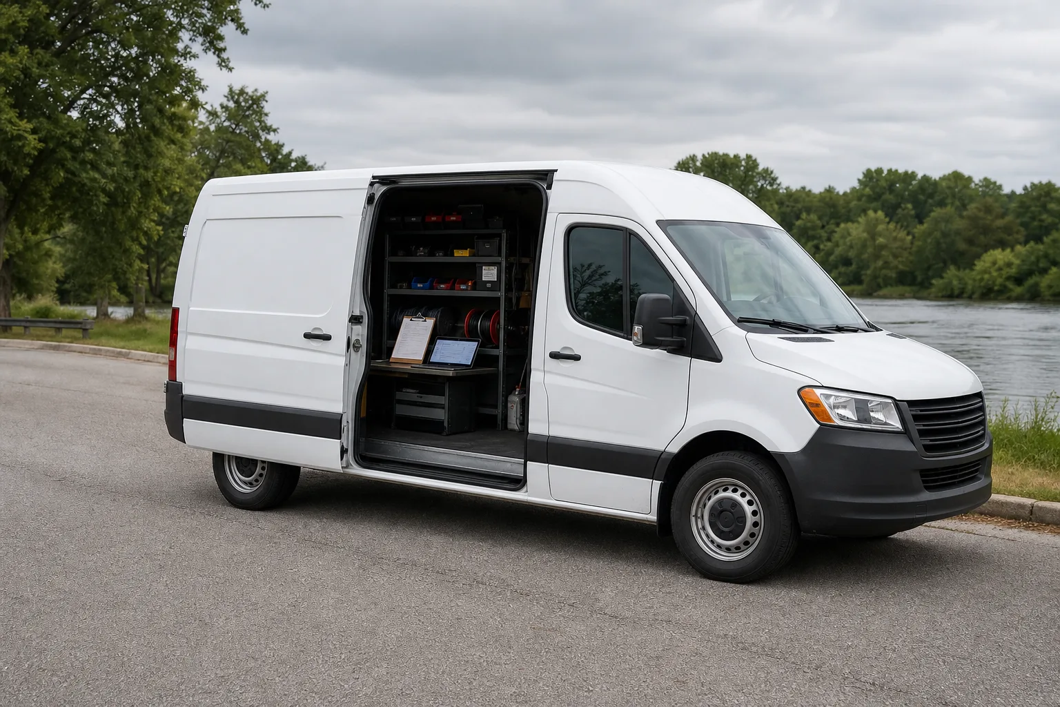 An unbranded work van parked at a northeast Indiana roadside pull-off