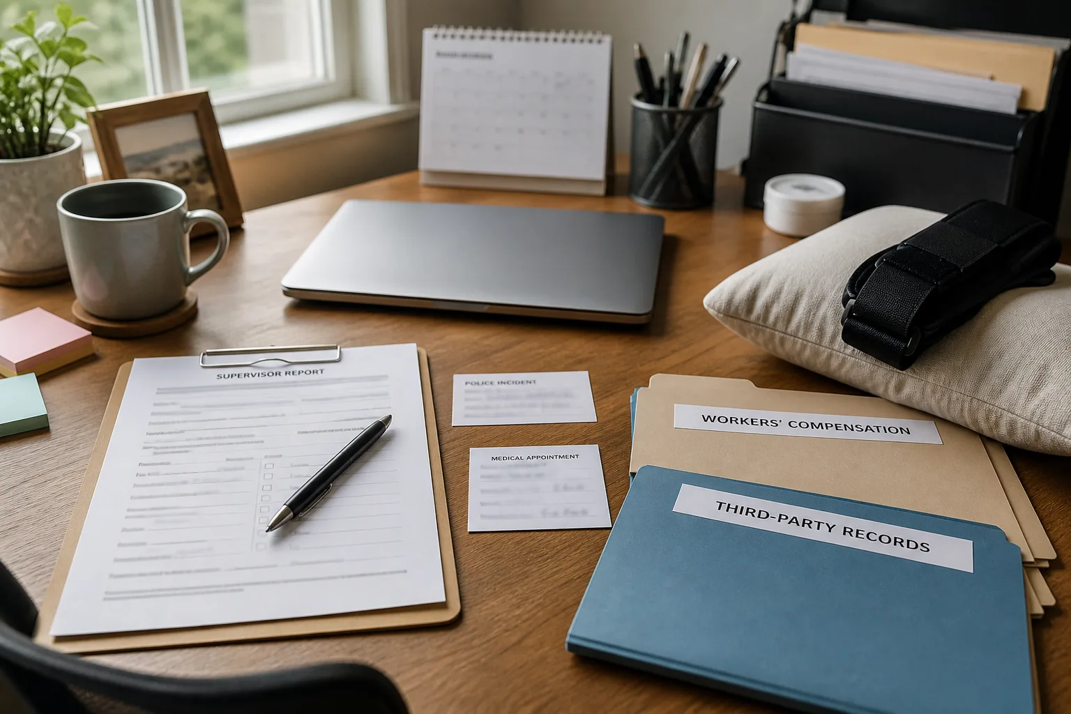 Separate folders organize workers’ compensation and third-party crash records