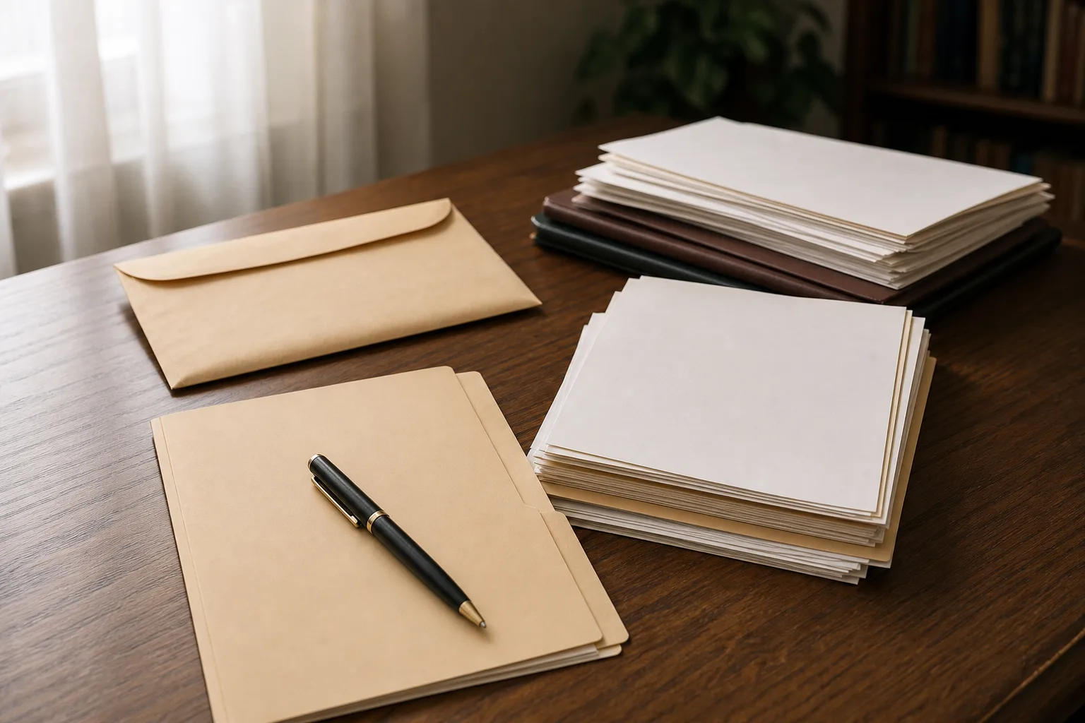 Organized estate documents and a folder on a wooden desk, representing gathering paperwork after a death