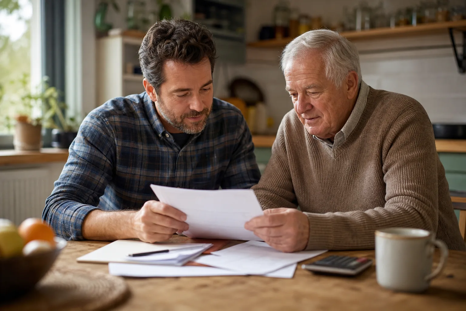 A family calmly reviewing paperwork together at a kitchen table