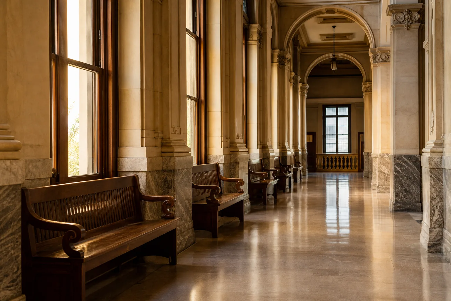 A quiet county courthouse hallway representing Indiana probate and civil court process