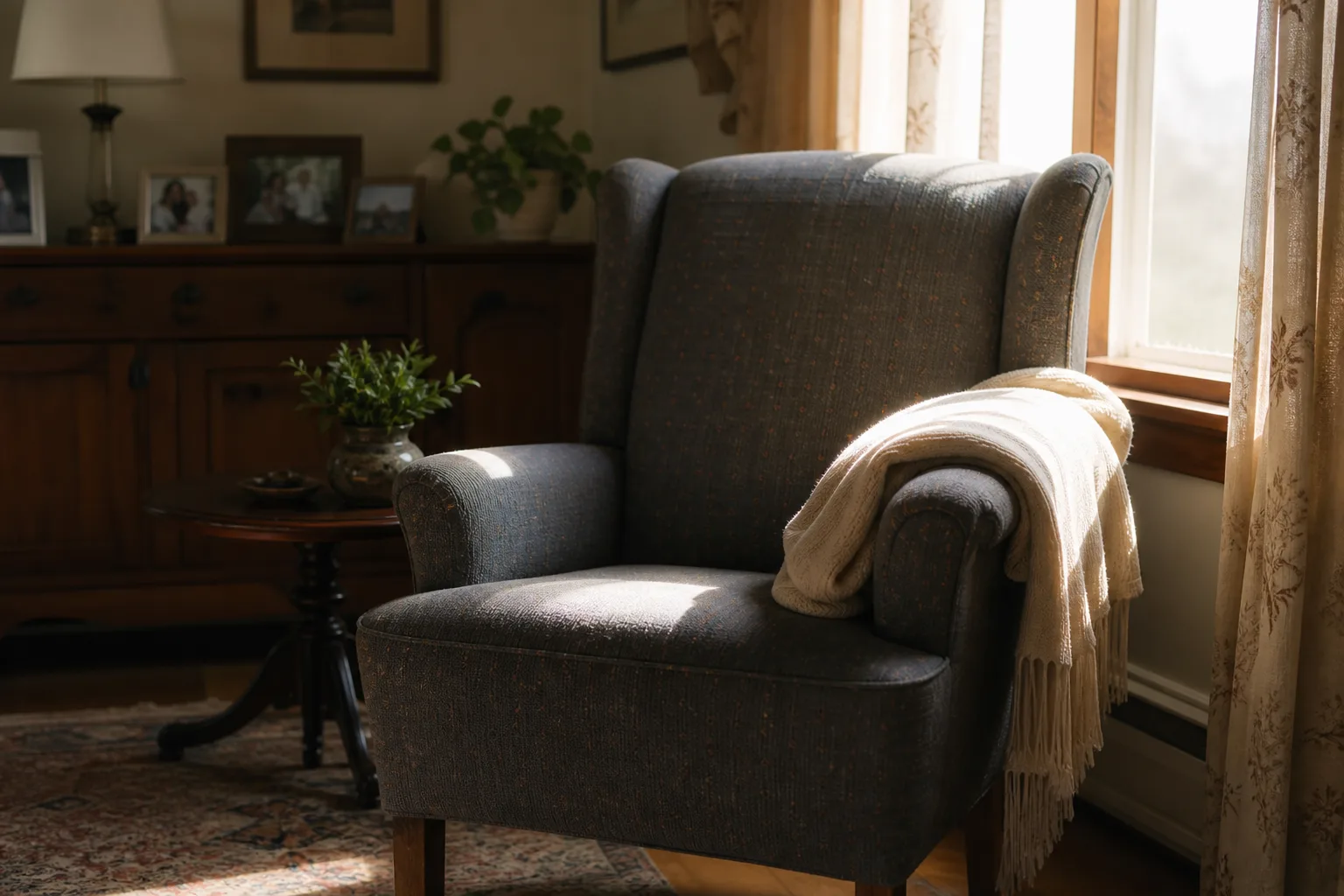 An empty armchair by a window in a family home, a quiet respectful detail
