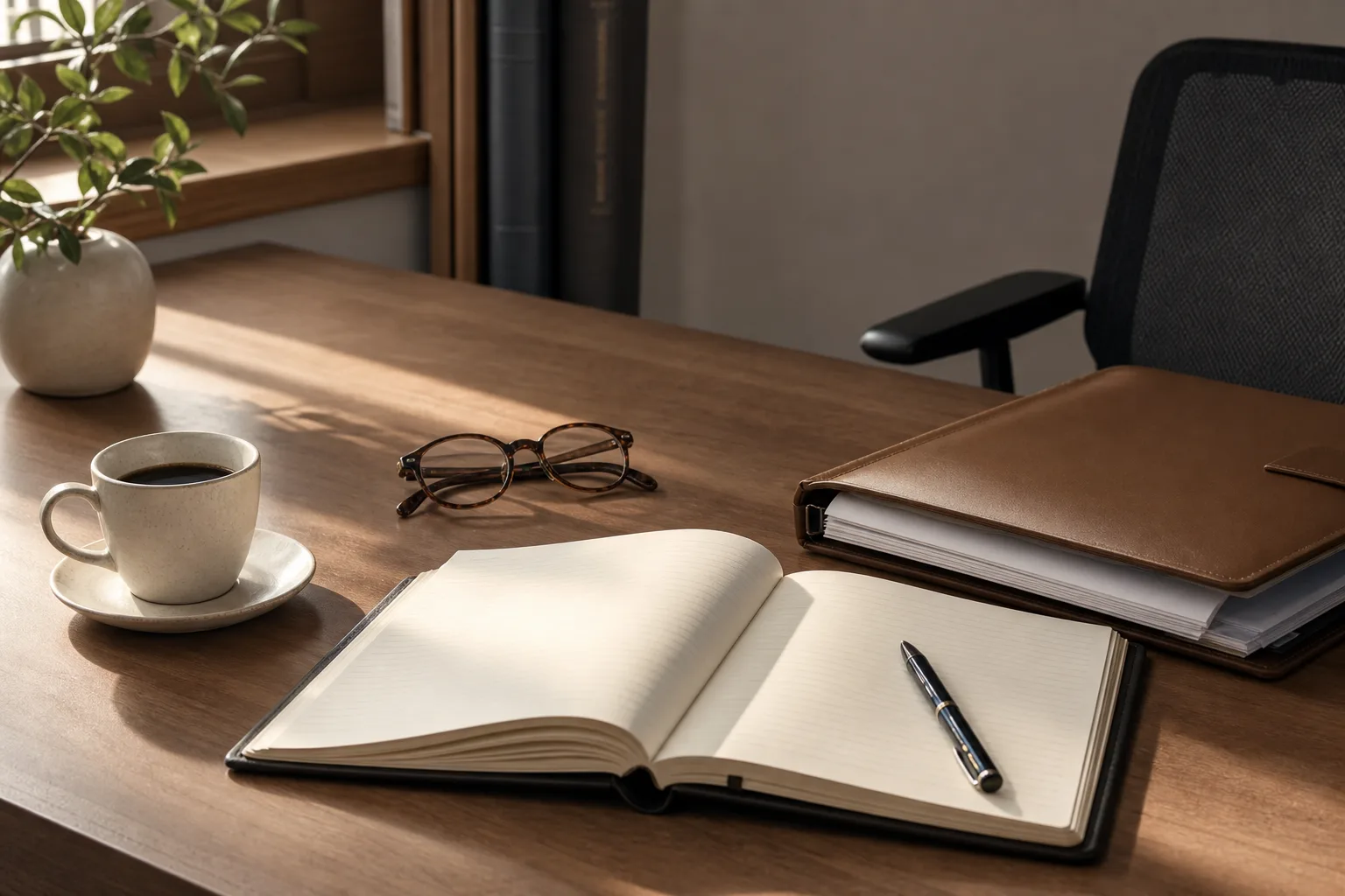 A tidy desk prepared for a consultation with a notebook, folder, and coffee