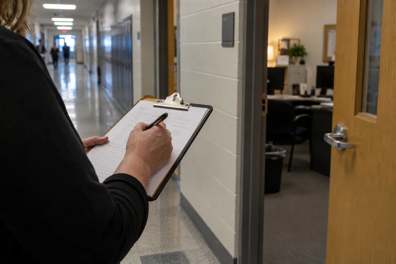 School employee documenting an incident on a clipboard in a school hallway