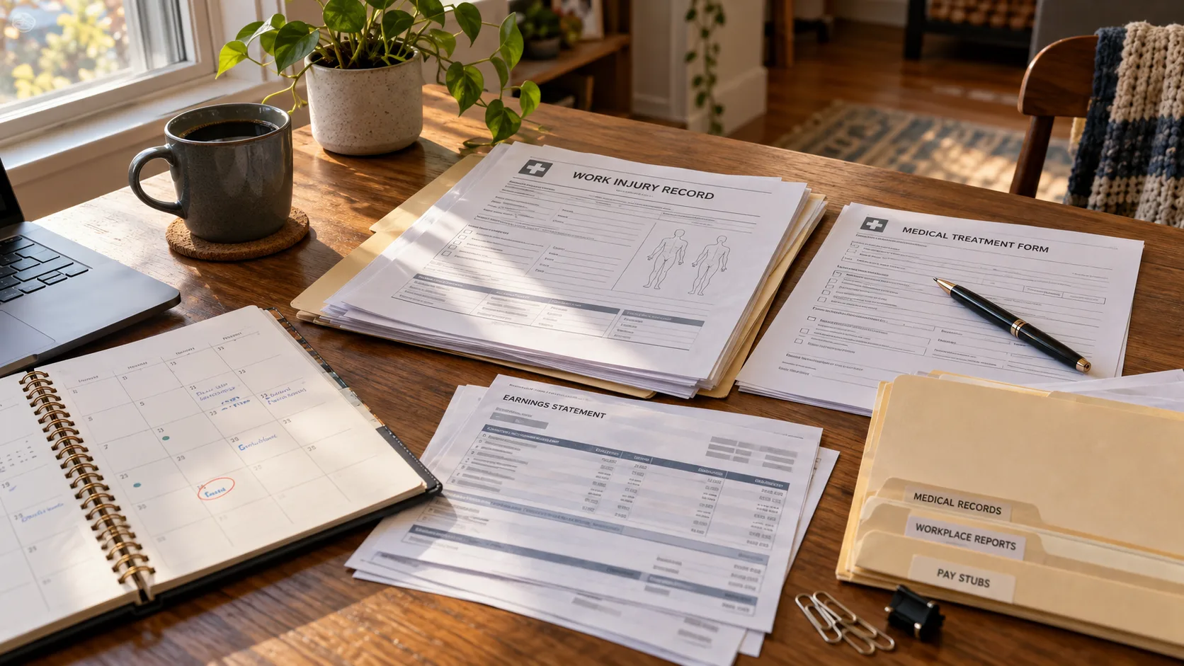 Organized work-injury records, calendar and wage documents on a desk