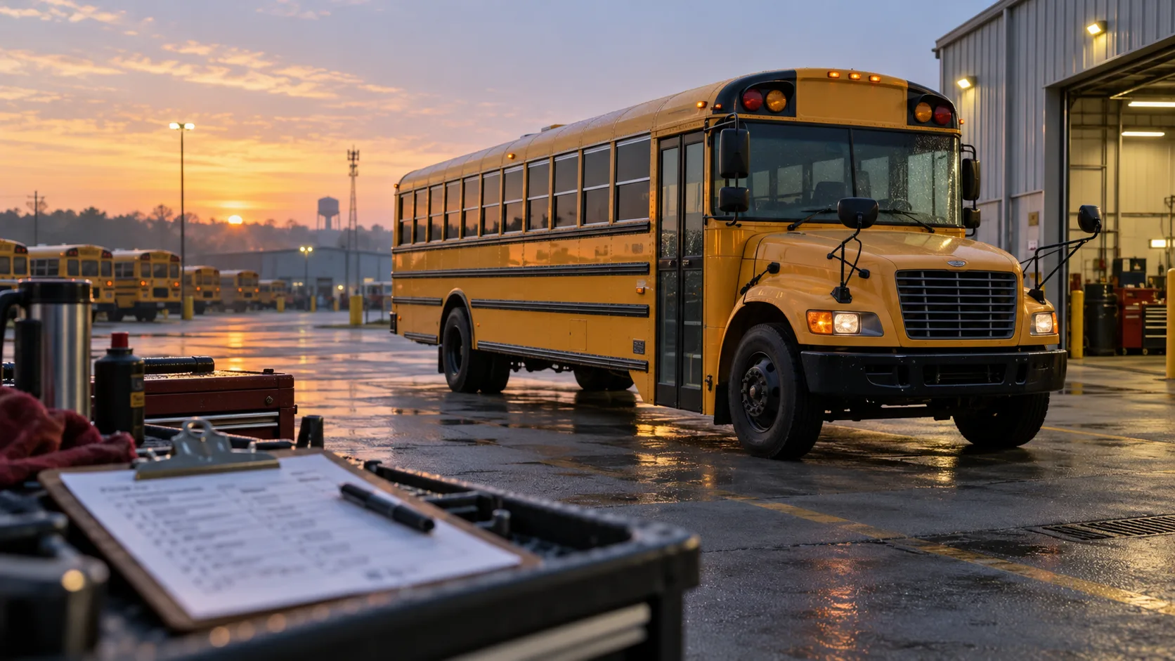 School bus and maintenance clipboard in an Indiana transportation lot