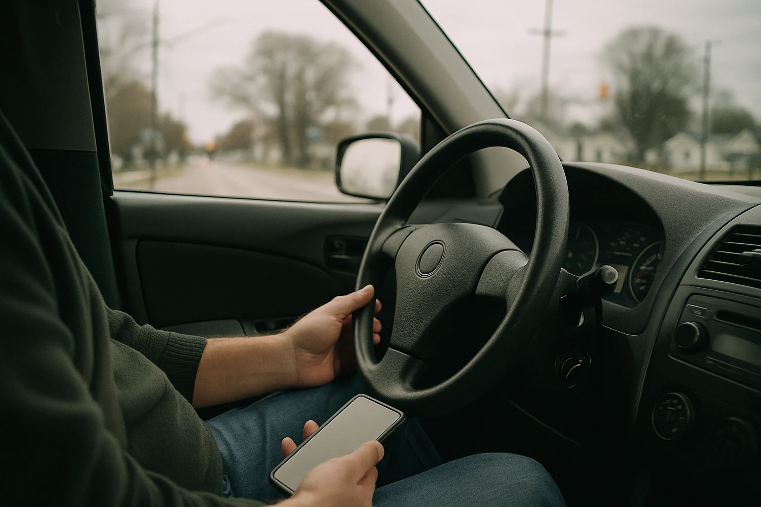 A driver glancing at a phone in his lap while driving on a Fort Wayne road at dusk