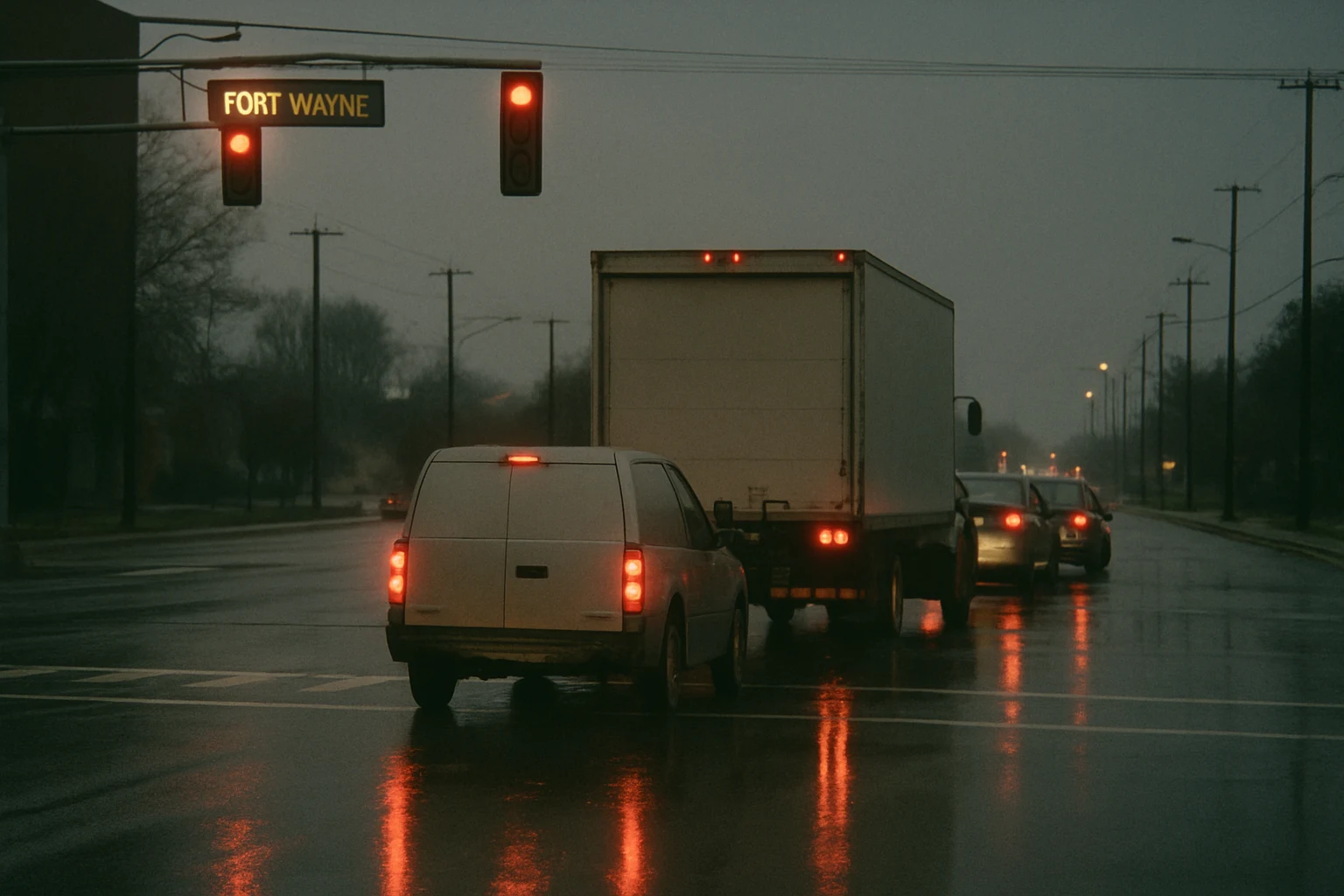A Fort Wayne intersection at dusk with brake lights from a row of stopped cars