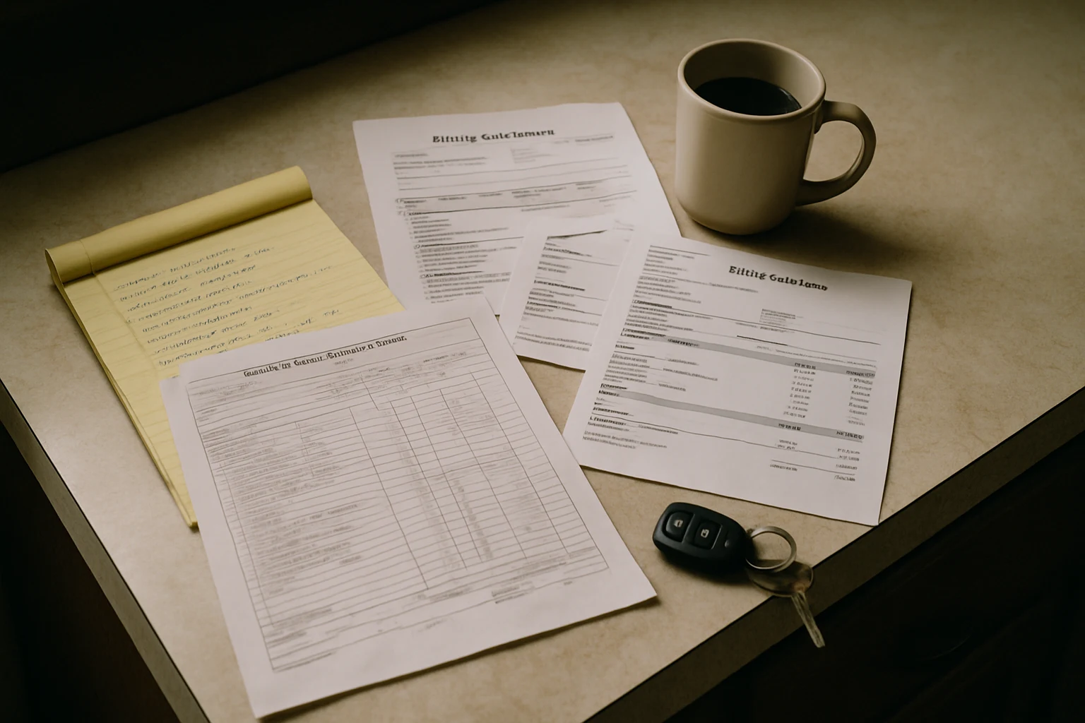 Bills, medical statements, and a printed crash report stacked on a Fort Wayne kitchen counter