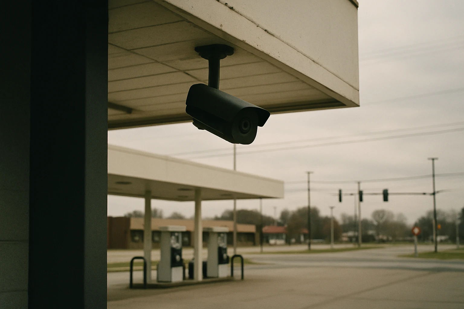 A small surveillance camera mounted under the awning of a Fort Wayne gas station overlooking the intersection
