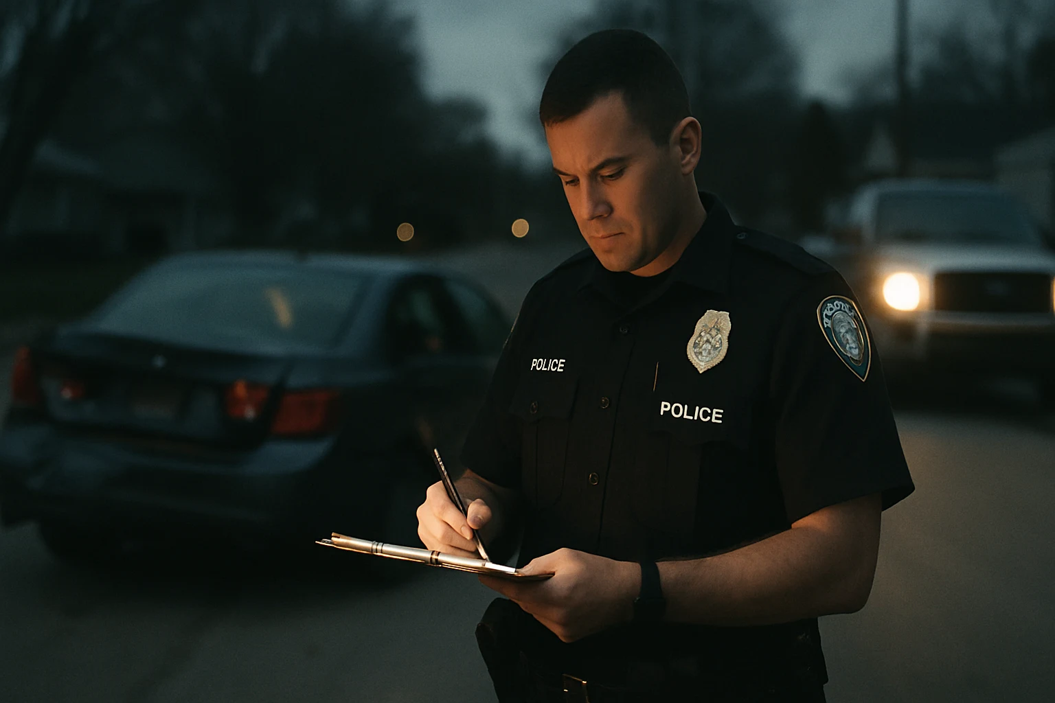 A Fort Wayne police officer documenting a rear-end crash scene on a residential street at dusk