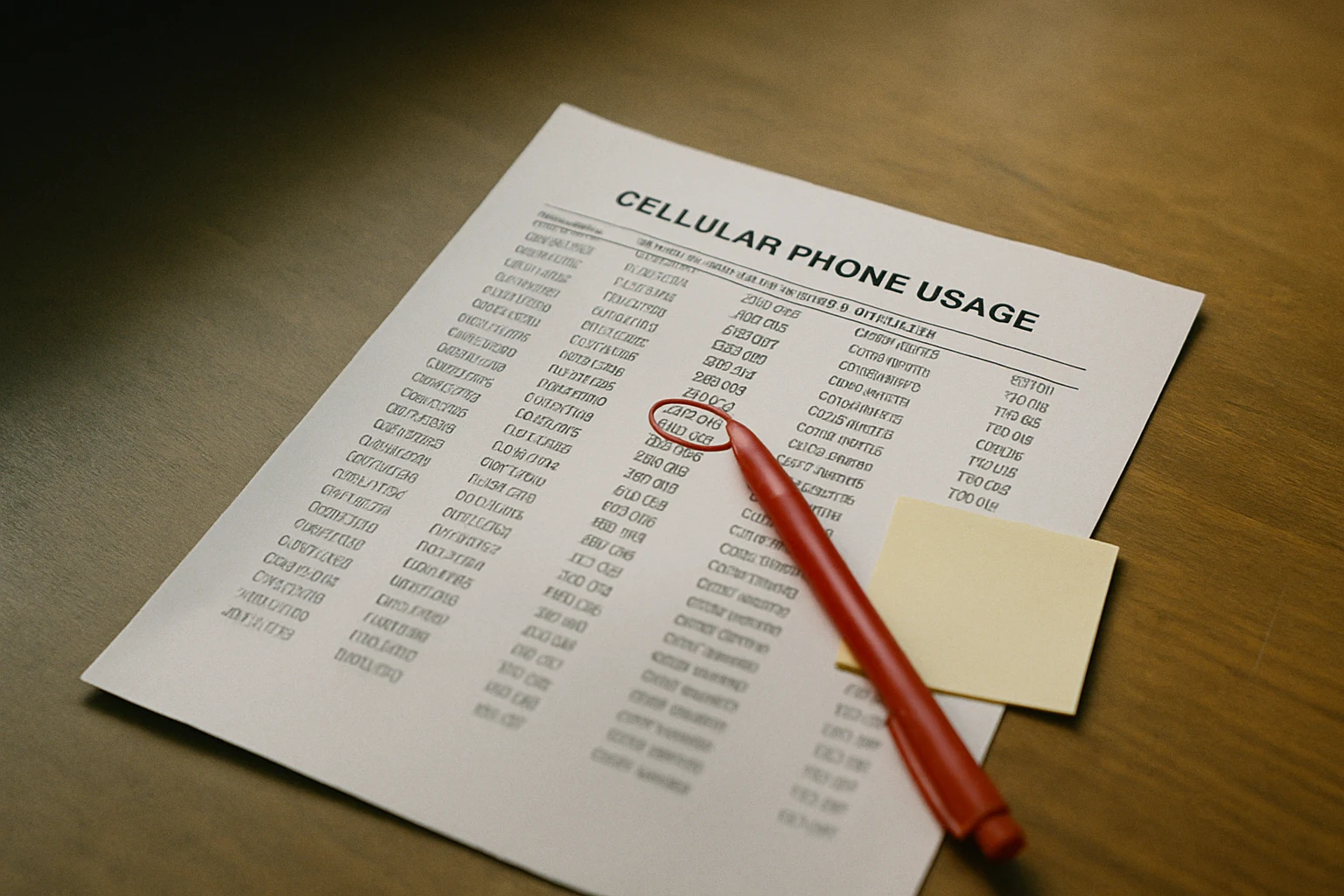 A subpoenaed cellular phone usage record with a timestamp circled in red ink near the Indiana crash time