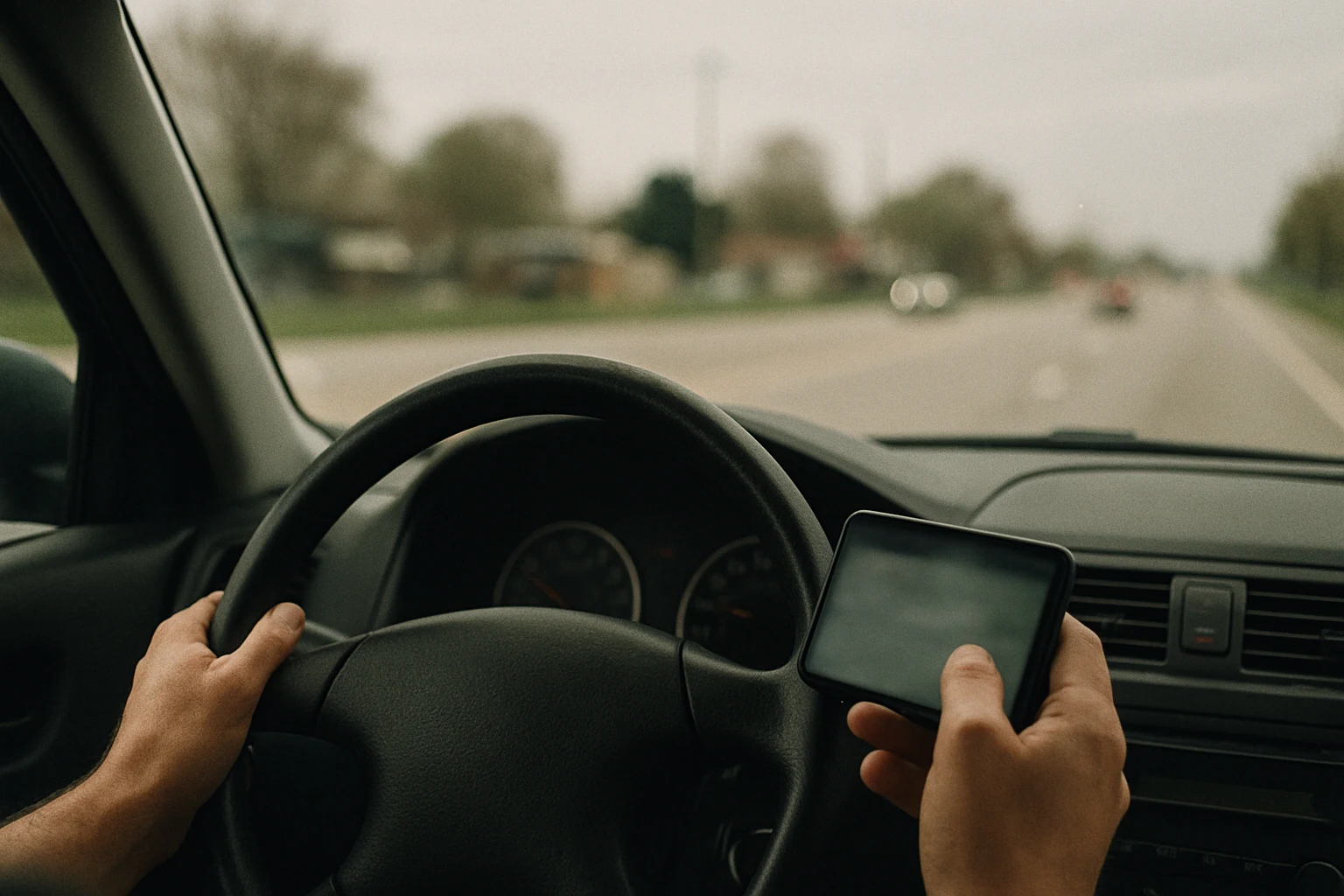 Driver's hand holding a smartphone below the steering wheel of a vehicle in motion