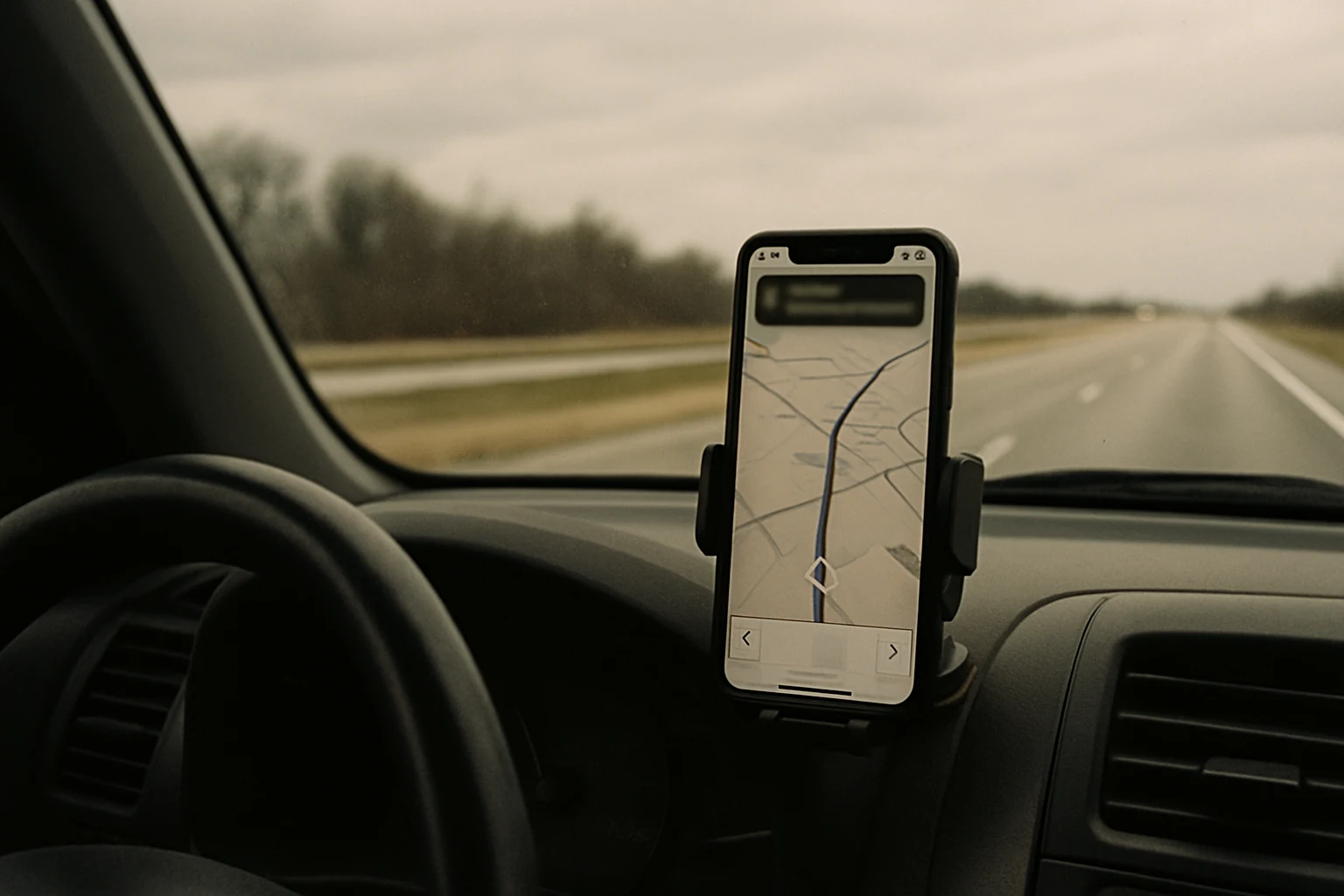 Smartphone mounted in a dashboard cradle showing a navigation screen and a notification banner in a vehicle on a highway