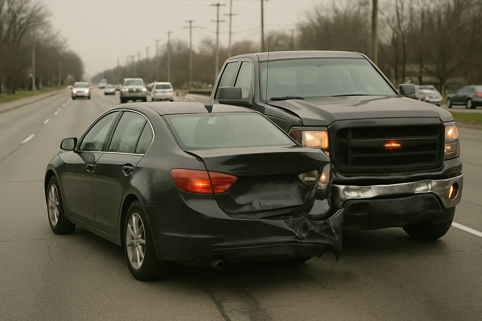 Rear-end collision between a pickup truck and a sedan on a Fort Wayne arterial at an intersection during the day